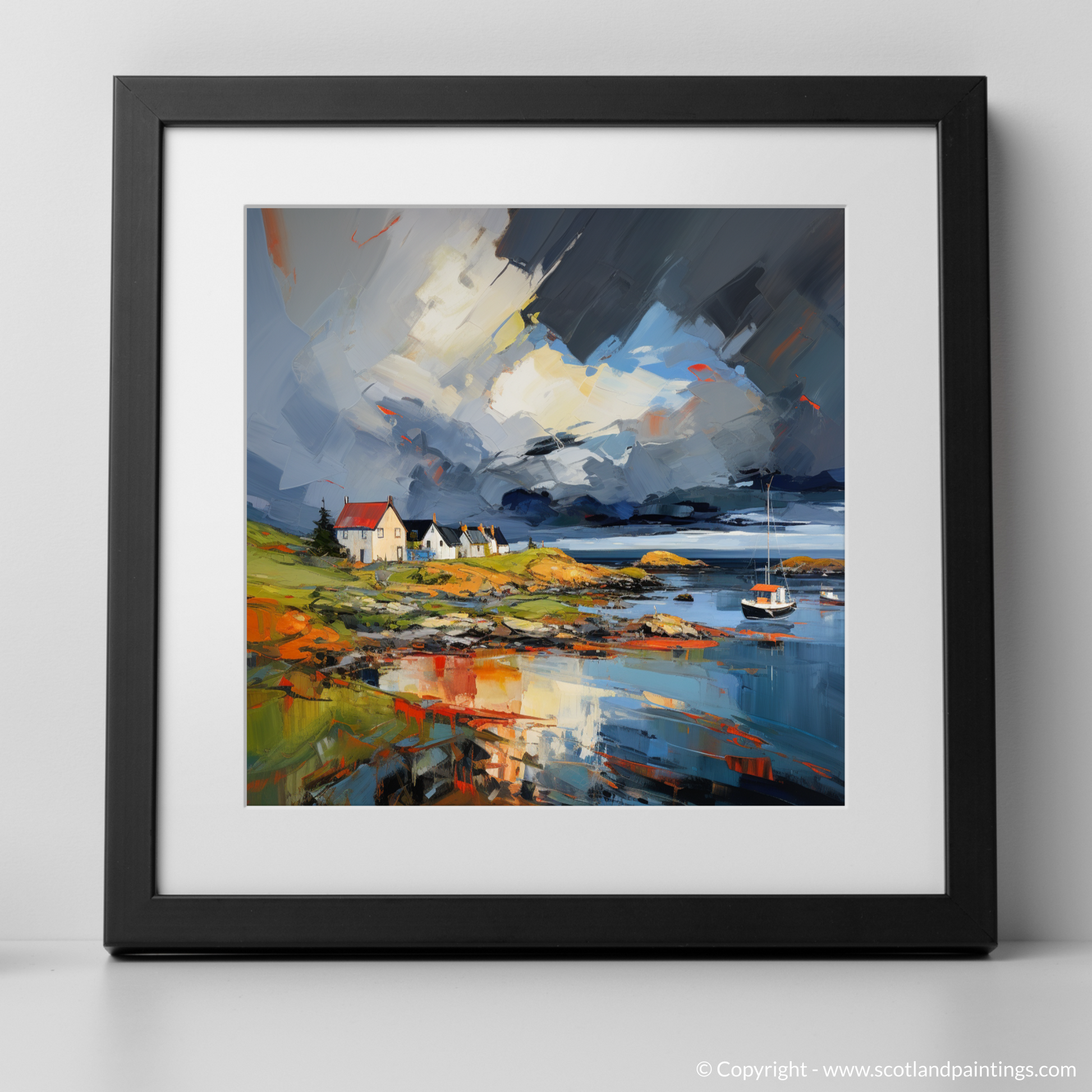 Art Print of Gairloch Harbour with a stormy sky with a black frame
