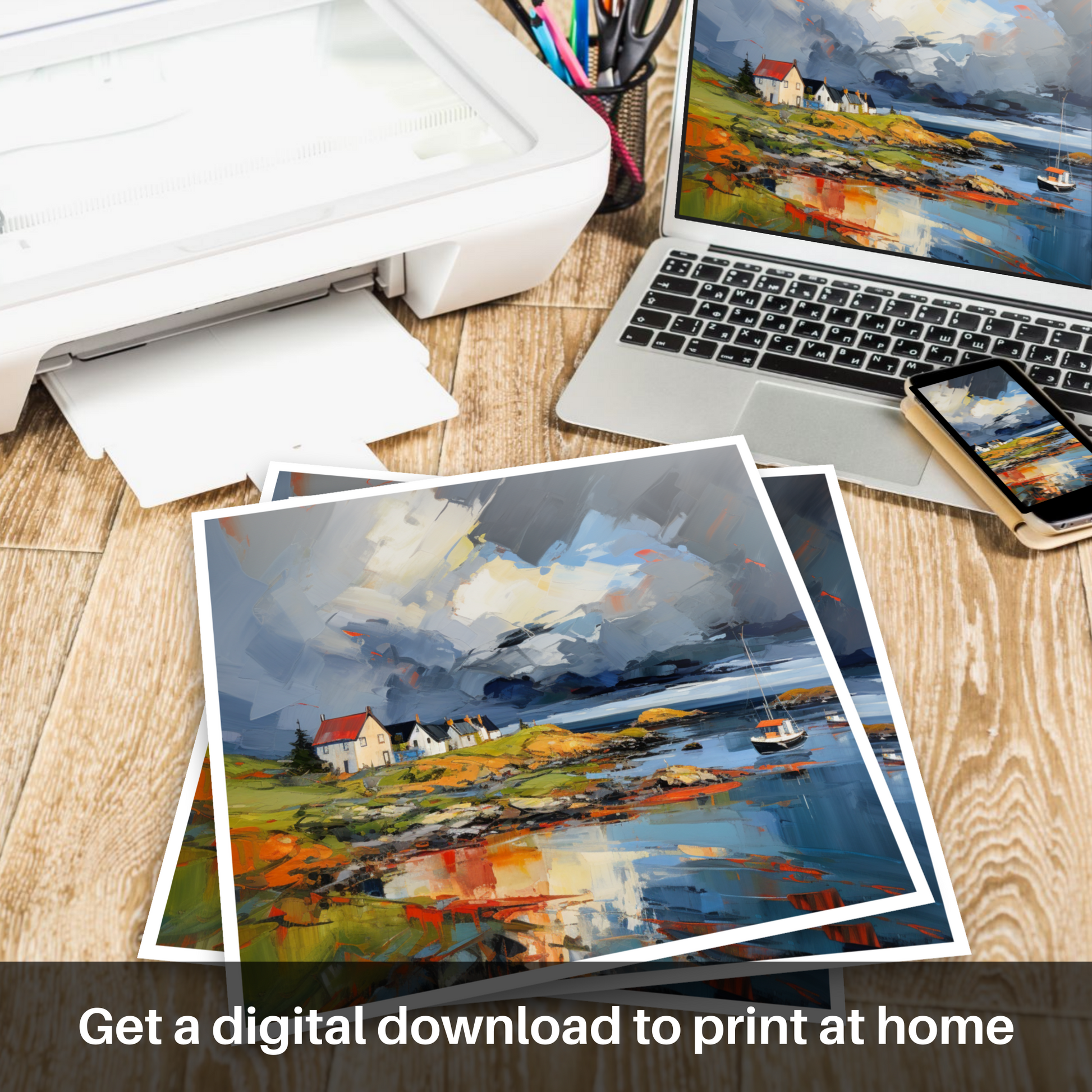 Downloadable and printable picture of Gairloch Harbour with a stormy sky