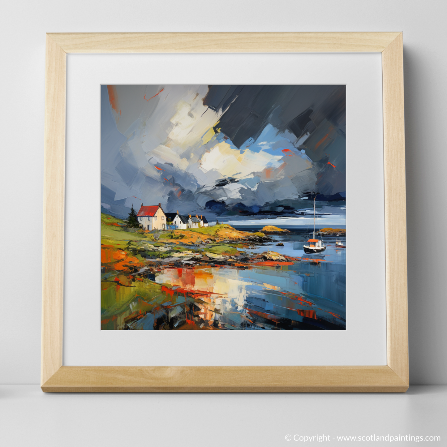 Art Print of Gairloch Harbour with a stormy sky with a natural frame