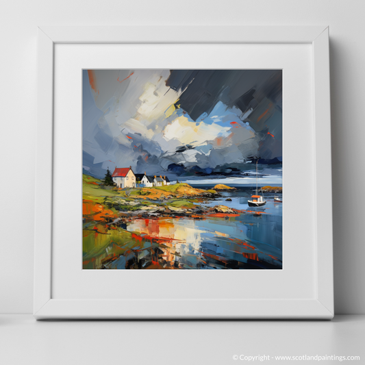 Art Print of Gairloch Harbour with a stormy sky with a white frame