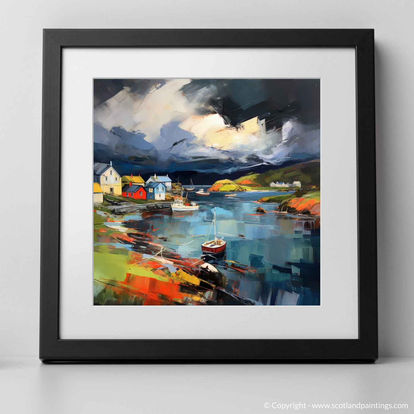 Art Print of Gairloch Harbour with a stormy sky with a black frame