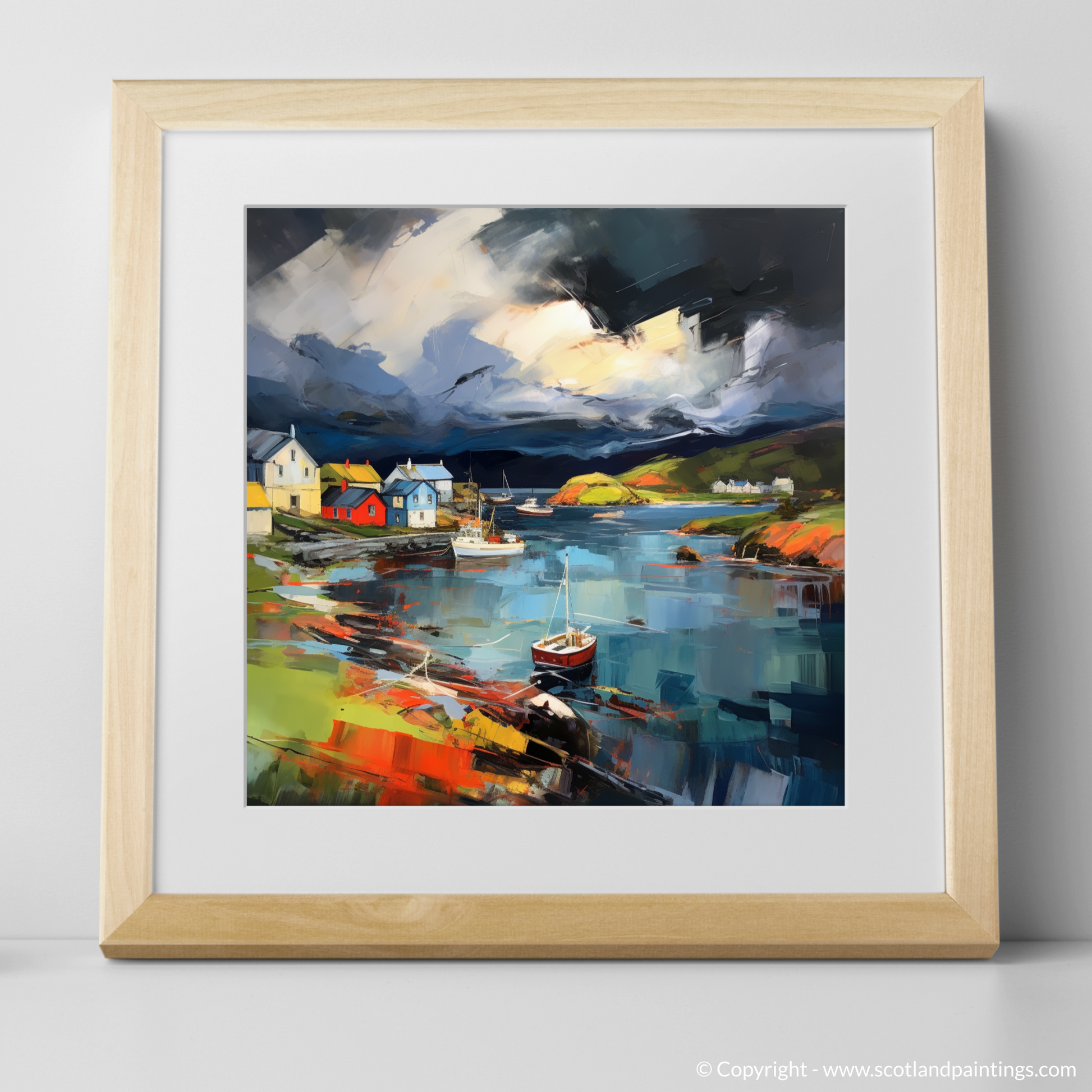 Art Print of Gairloch Harbour with a stormy sky with a natural frame