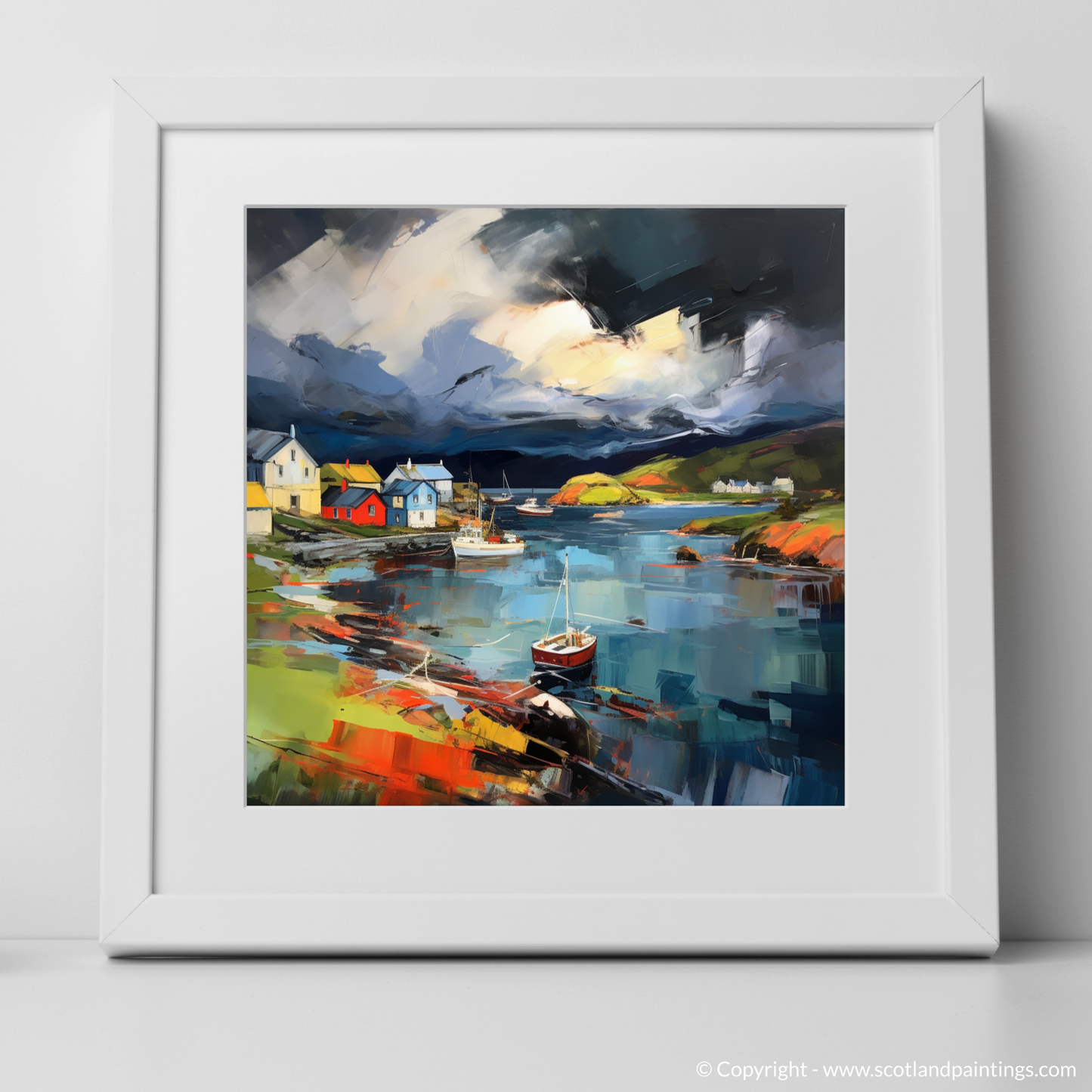 Art Print of Gairloch Harbour with a stormy sky with a white frame