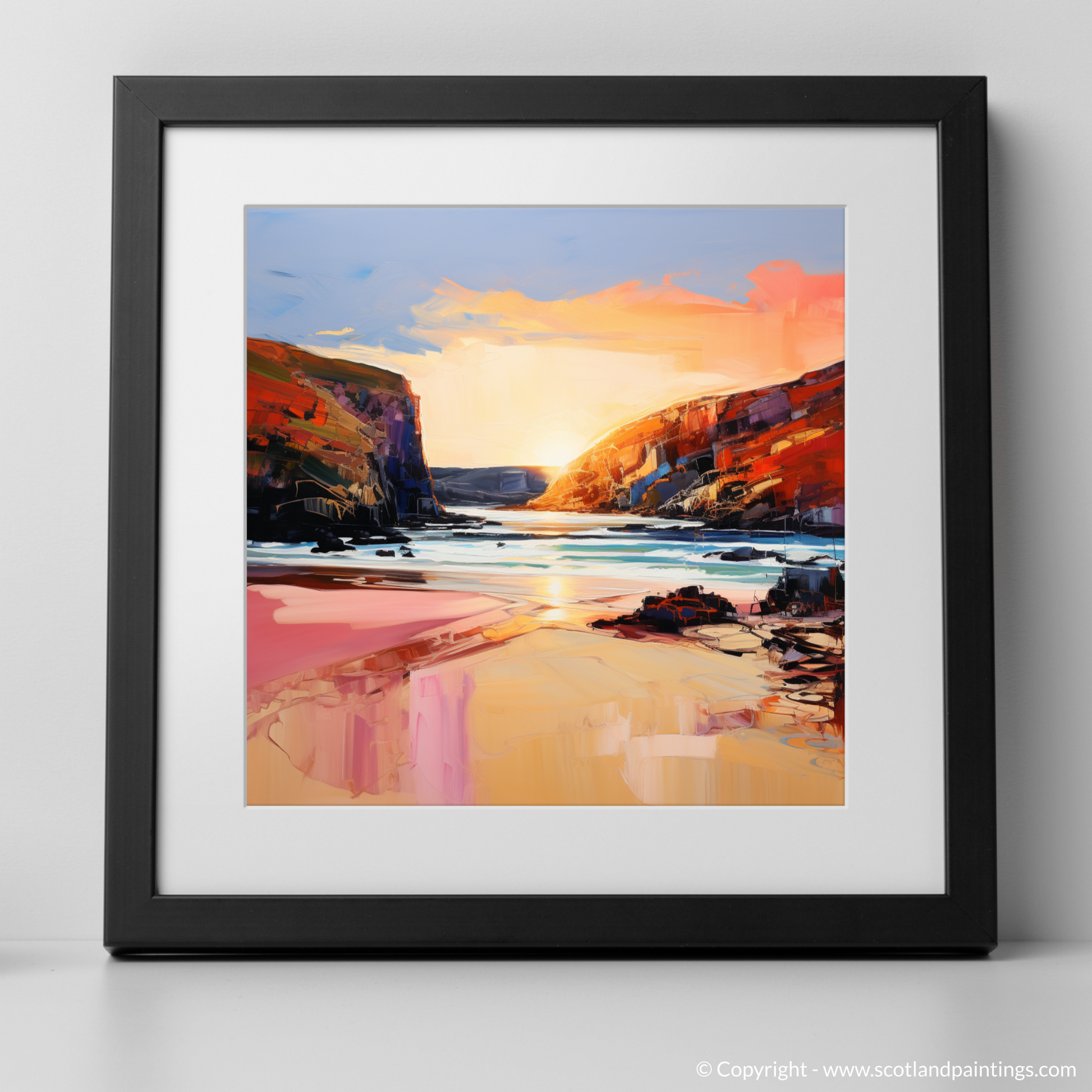 Art Print of Sandwood Bay at golden hour with a black frame