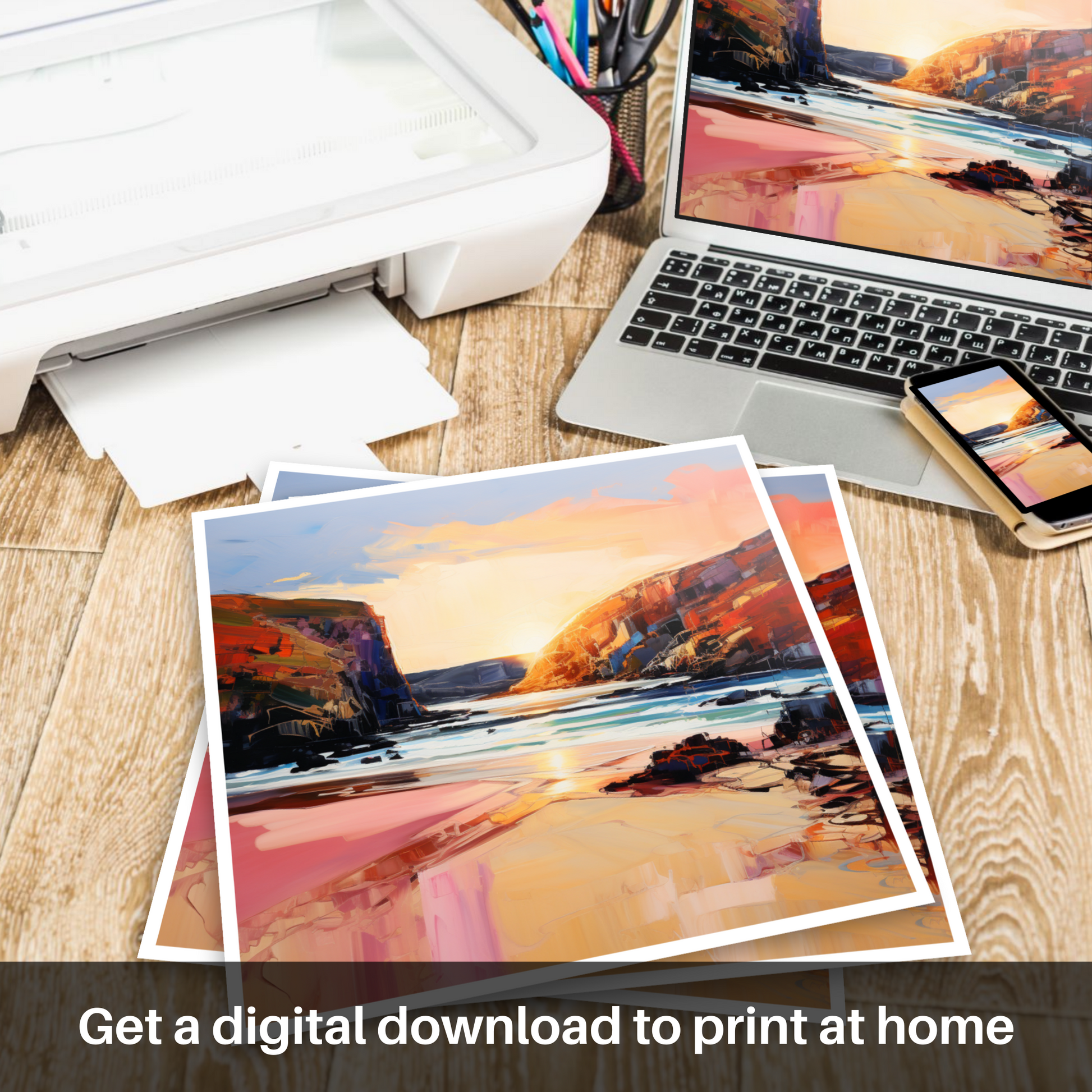 Downloadable and printable picture of Sandwood Bay at golden hour