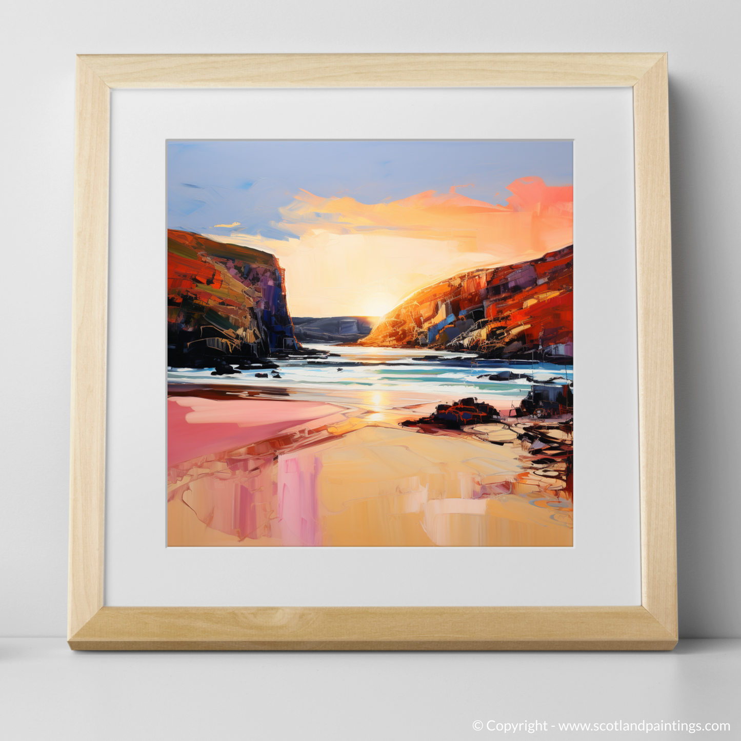 Art Print of Sandwood Bay at golden hour with a natural frame