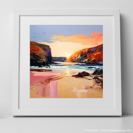 Art Print of Sandwood Bay at golden hour with a white frame