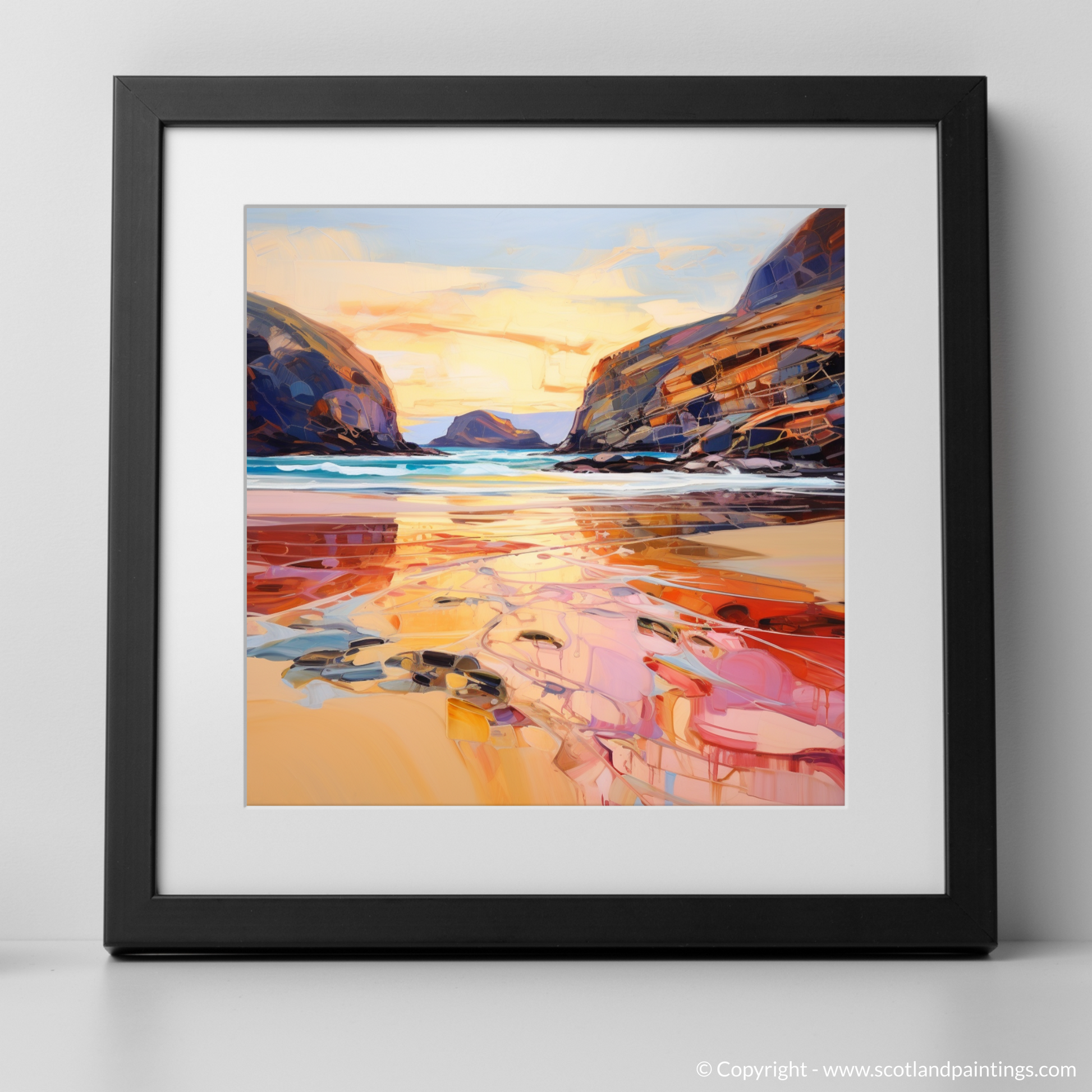 Art Print of Sandwood Bay at golden hour with a black frame