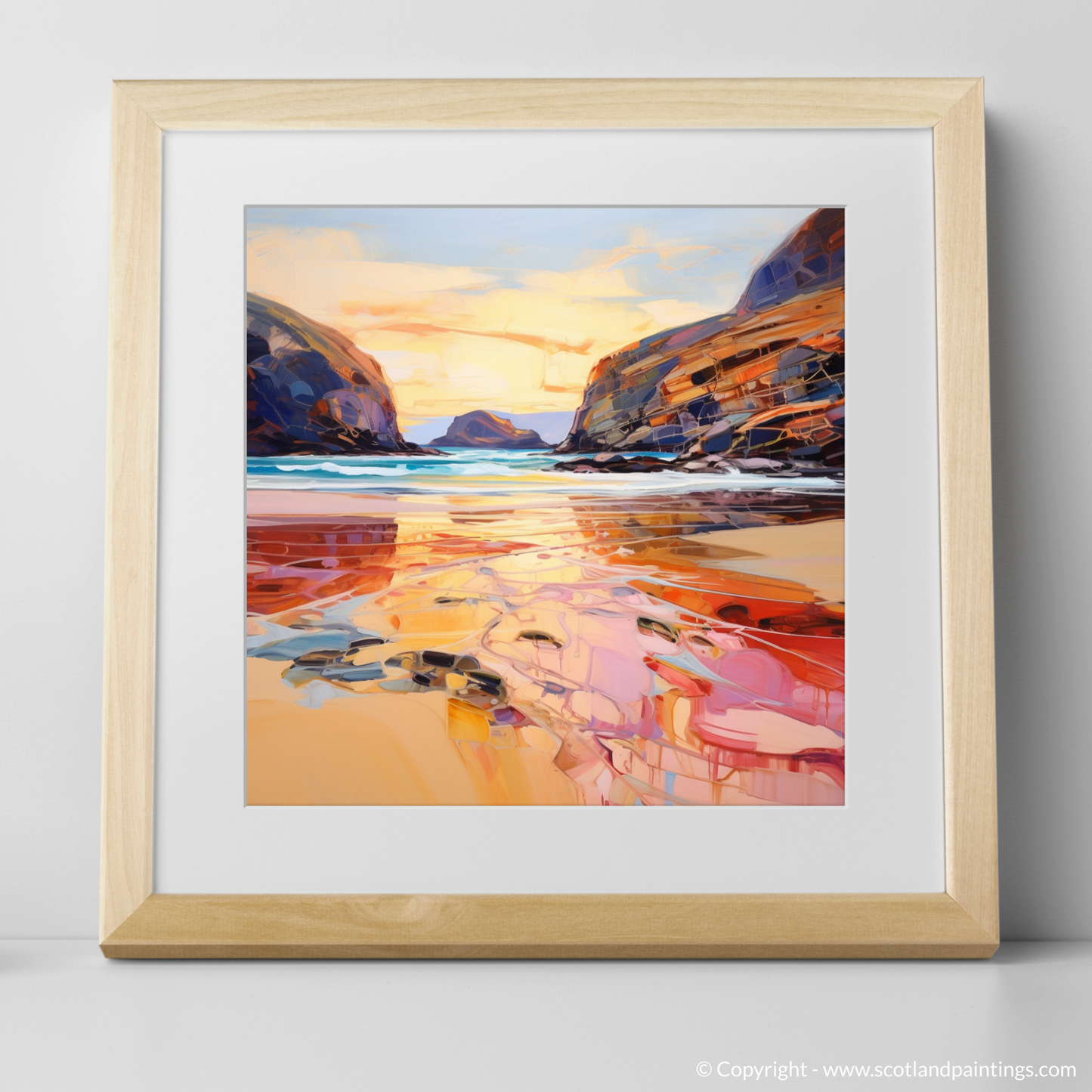 Art Print of Sandwood Bay at golden hour with a natural frame