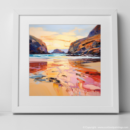 Art Print of Sandwood Bay at golden hour with a white frame