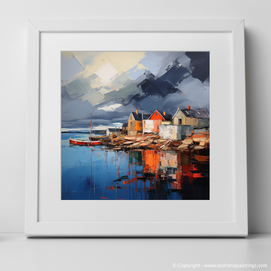 Art Print of Dunbar Harbour with a stormy sky with a white frame