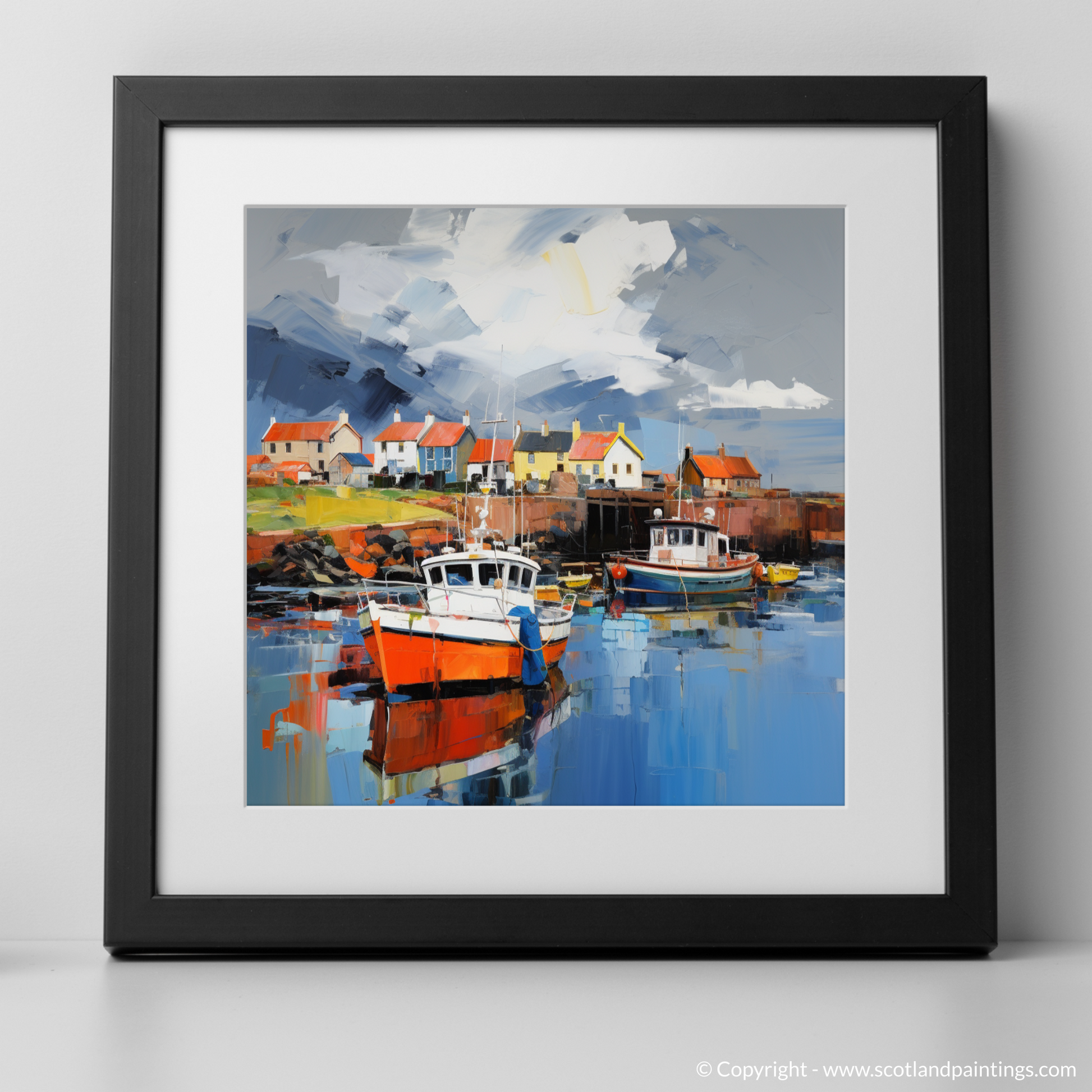 Art Print of Dunbar Harbour with a stormy sky with a black frame