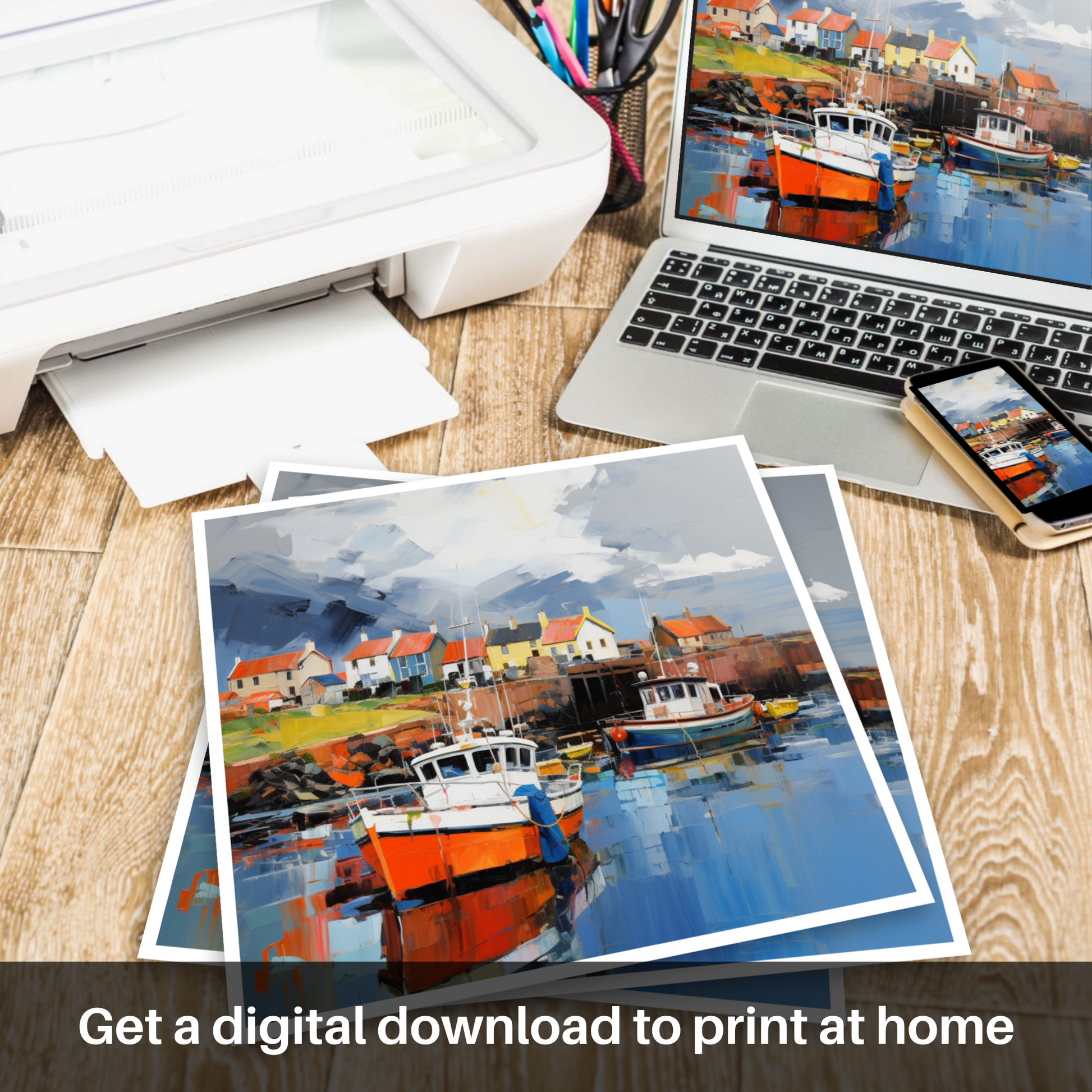 Downloadable and printable picture of Dunbar Harbour with a stormy sky