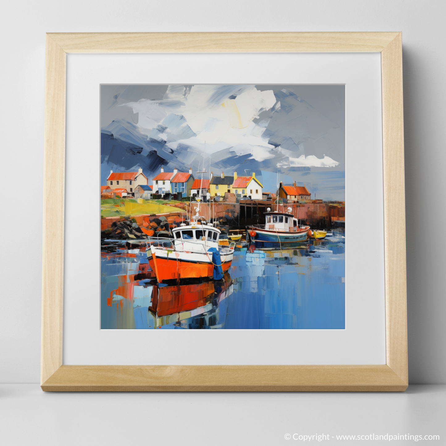 Art Print of Dunbar Harbour with a stormy sky with a natural frame