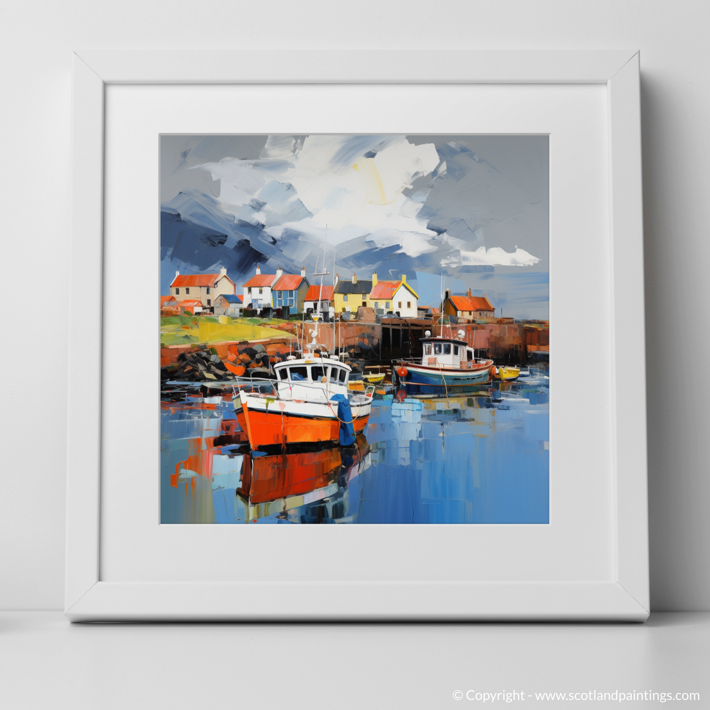 Art Print of Dunbar Harbour with a stormy sky with a white frame