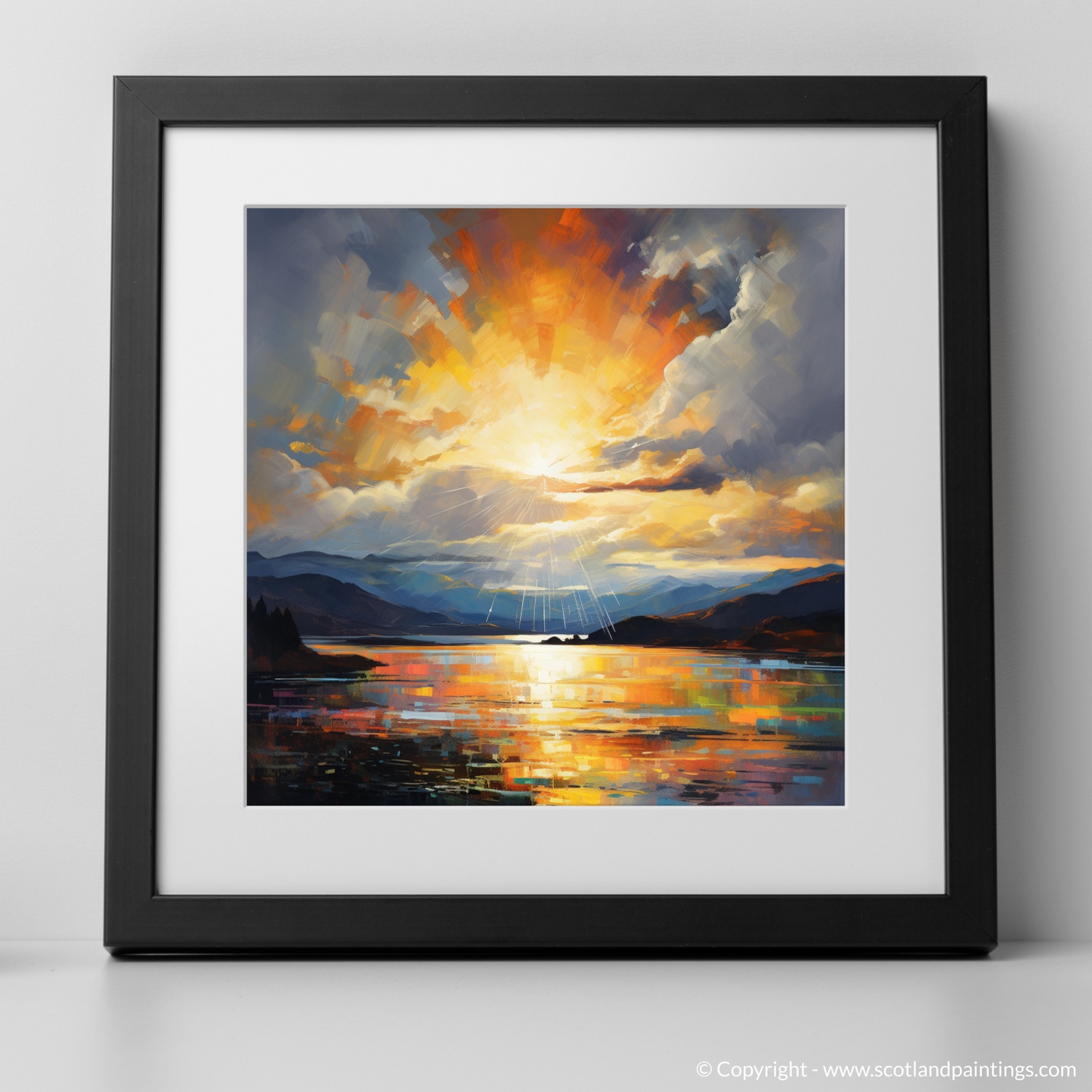 Art Print of Sun rays through clouds above Loch Lomond with a black frame