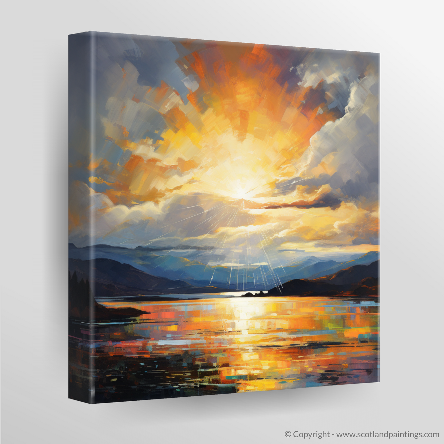 Canvas Print of Sun rays through clouds above Loch Lomond