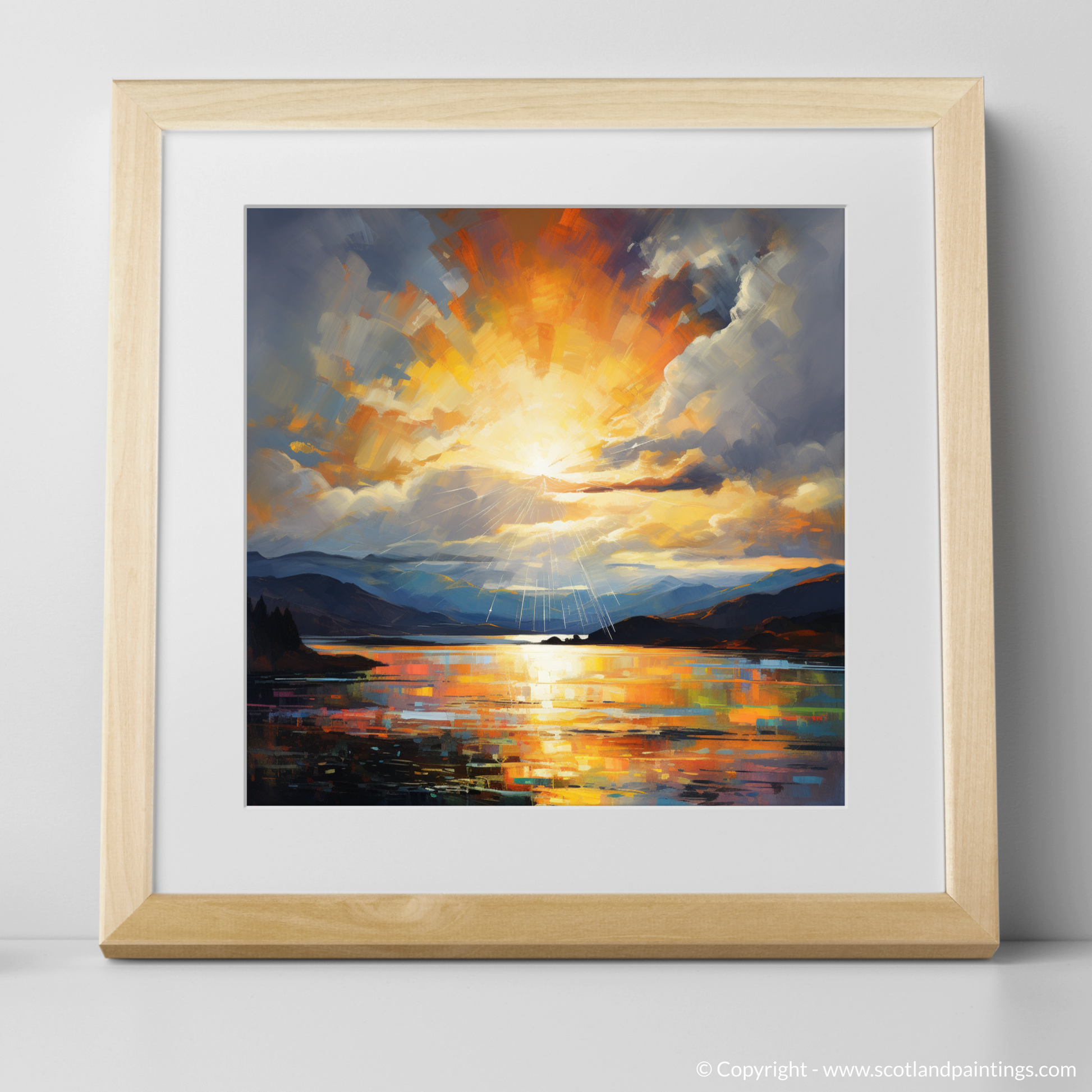 Art Print of Sun rays through clouds above Loch Lomond with a natural frame