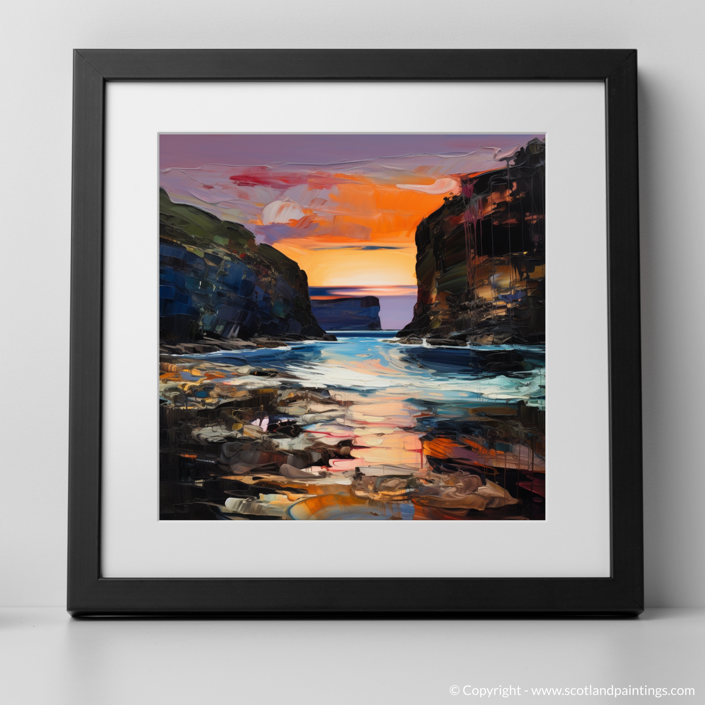 Art Print of Calgary Bay at dusk with a black frame