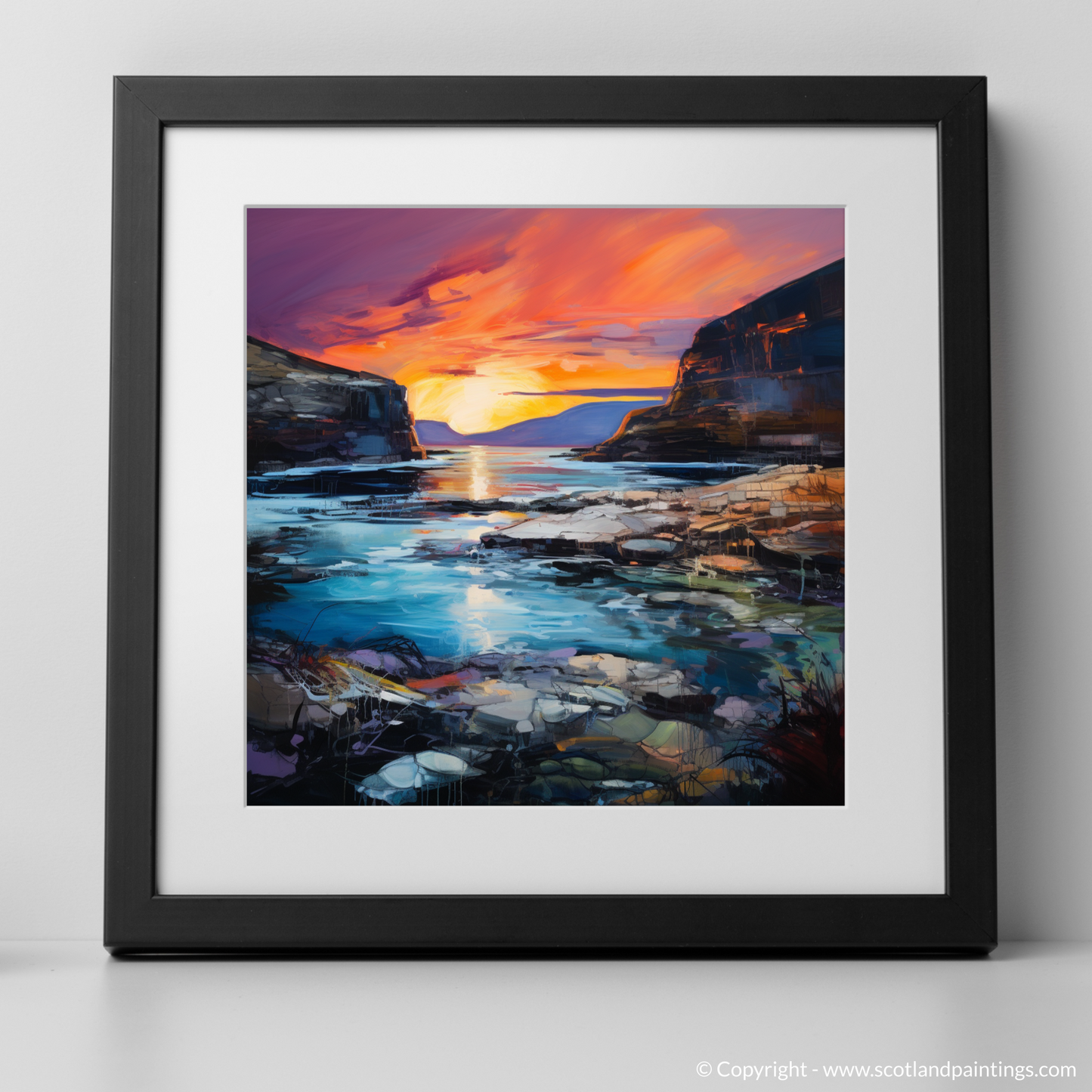 Art Print of Calgary Bay at dusk with a black frame