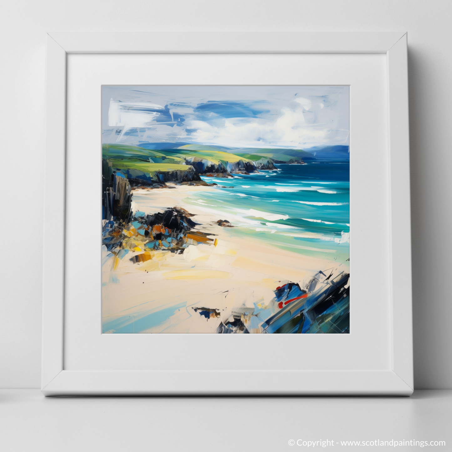 Art Print of Durness Beach, Sutherland with a white frame