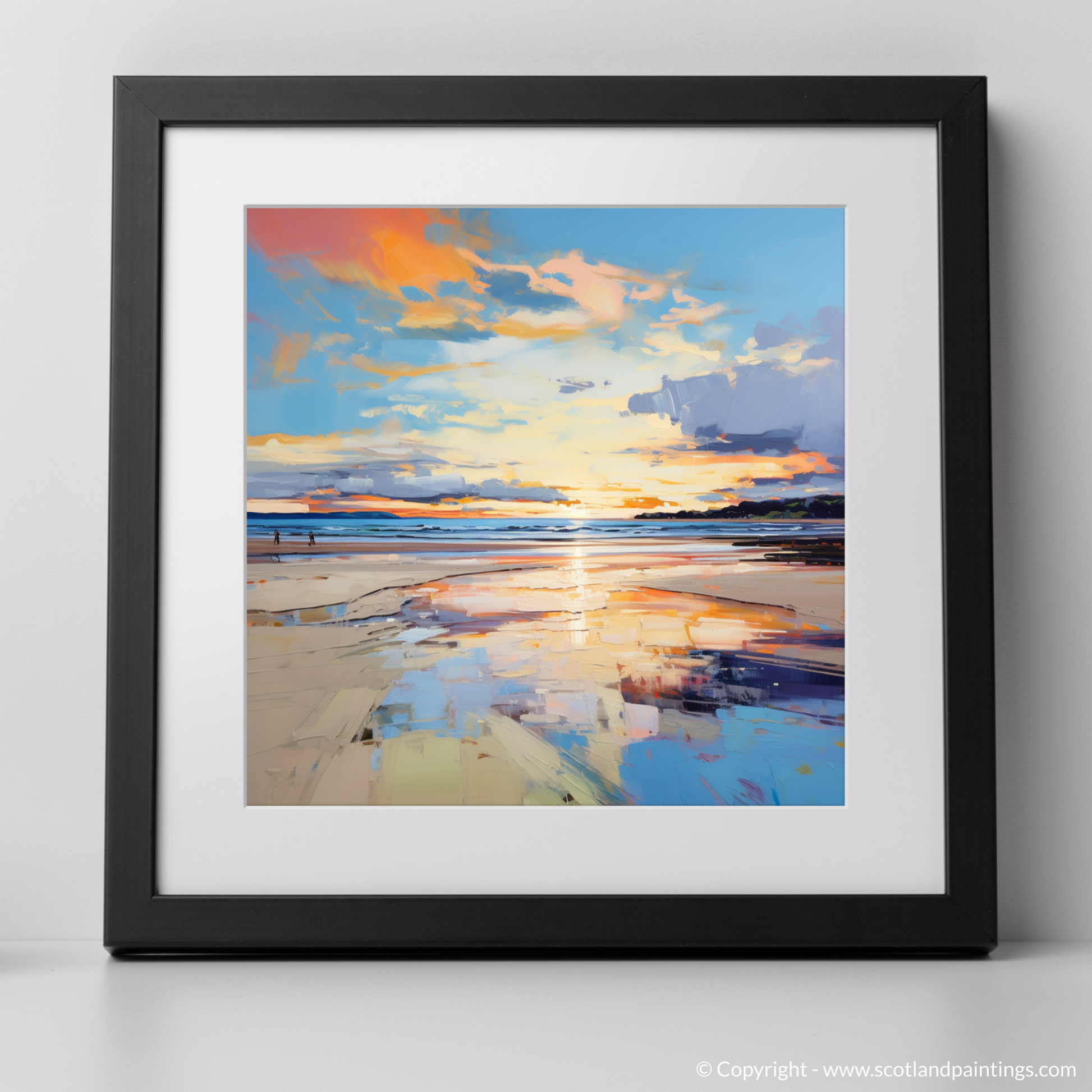 Art Print of Nairn Beach at golden hour with a black frame