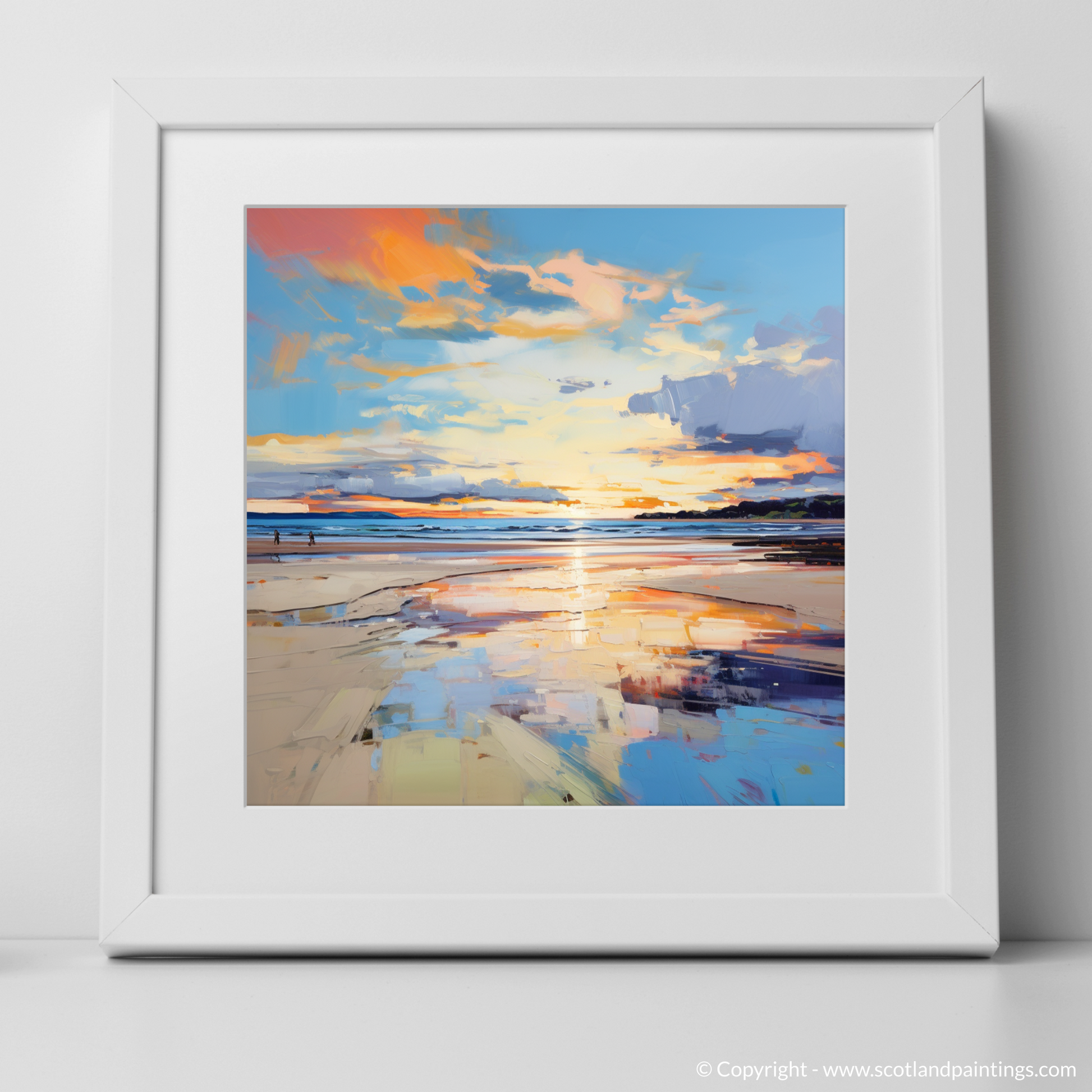 Art Print of Nairn Beach at golden hour with a white frame