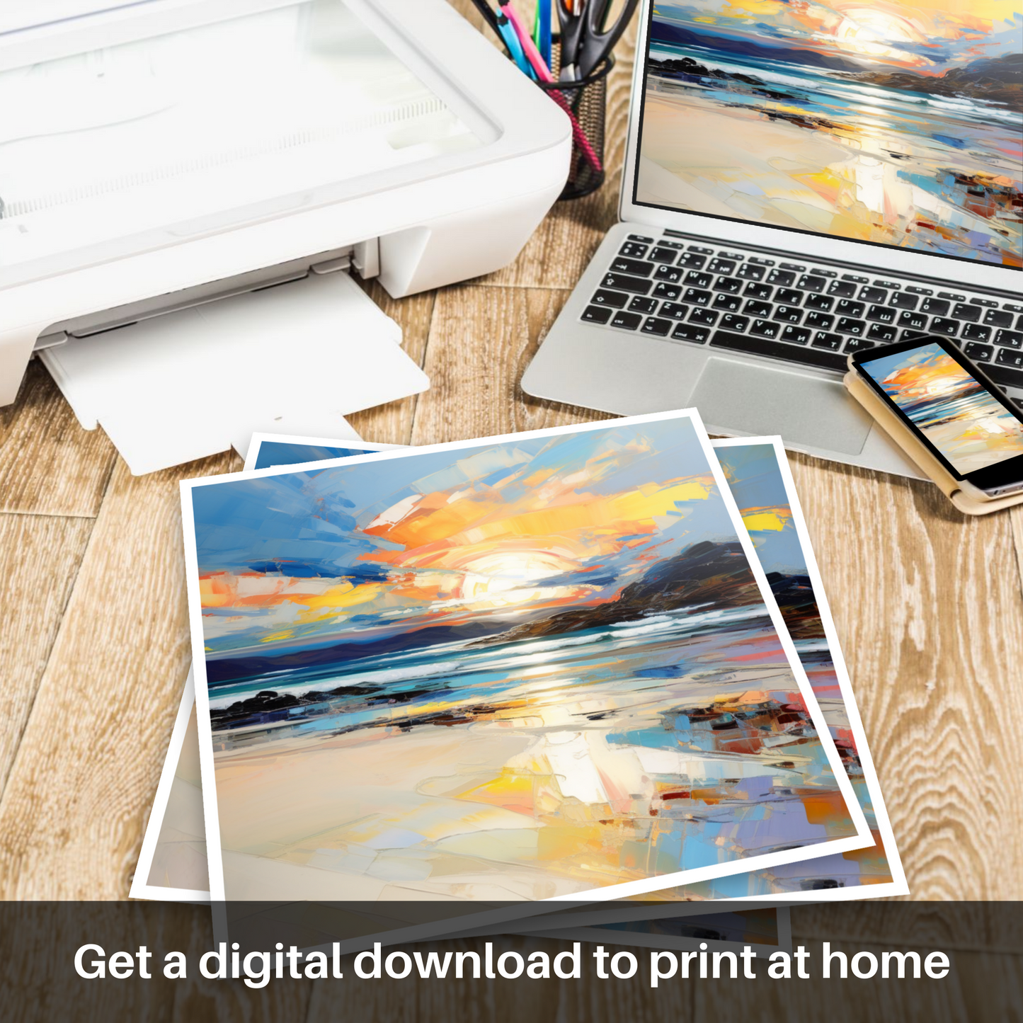 Downloadable and printable picture of Traigh Mhor at sunset