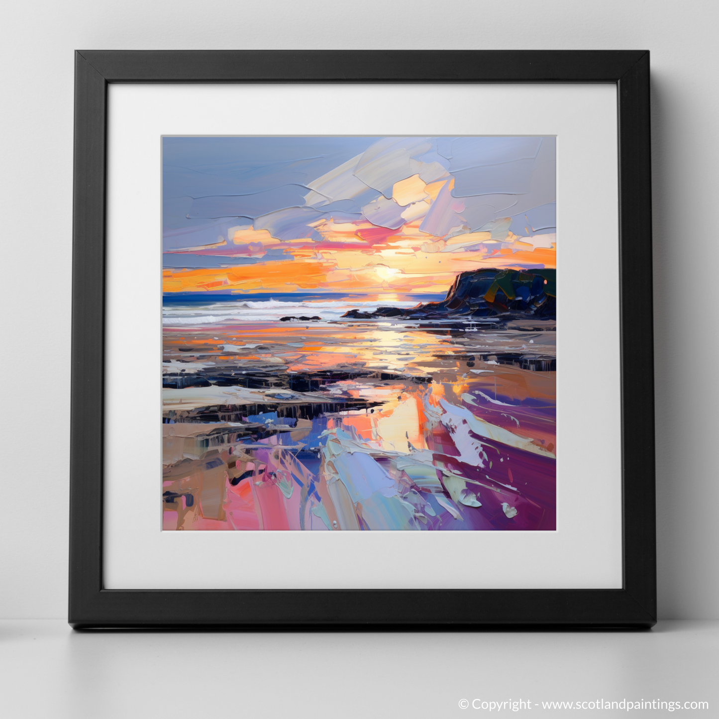 Painting and Art Print of St Cyrus Beach at sunset. Sunset Embrace at St Cyrus Beach.