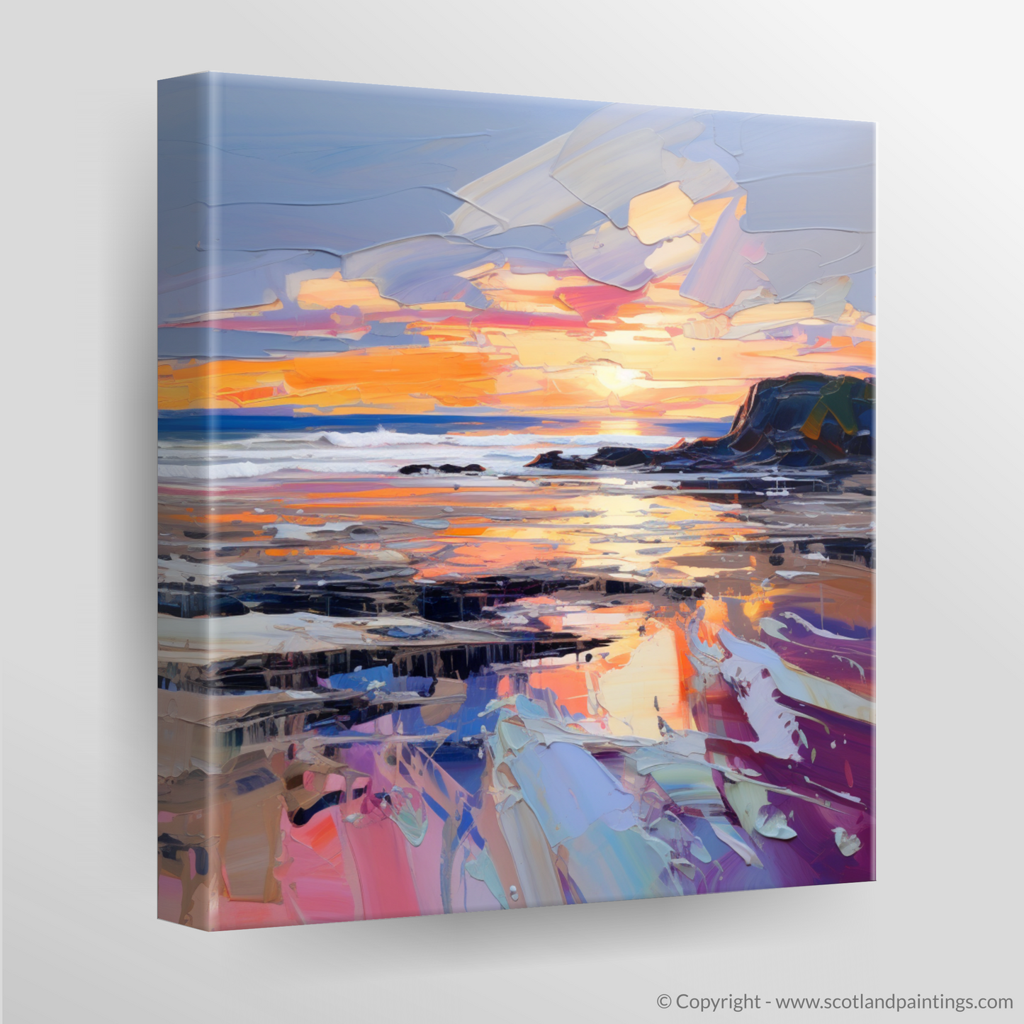 Painting and Art Print of St Cyrus Beach at sunset. Sunset Embrace at St Cyrus Beach.