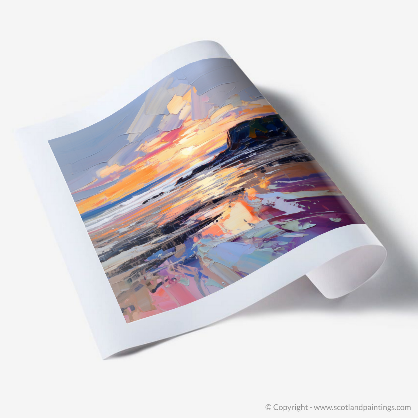 Painting and Art Print of St Cyrus Beach at sunset. Sunset Embrace at St Cyrus Beach.