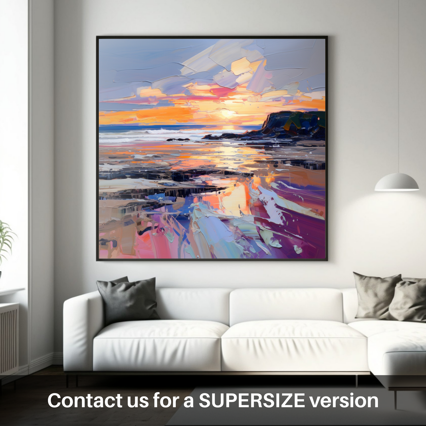 Painting and Art Print of St Cyrus Beach at sunset. Sunset Embrace at St Cyrus Beach.