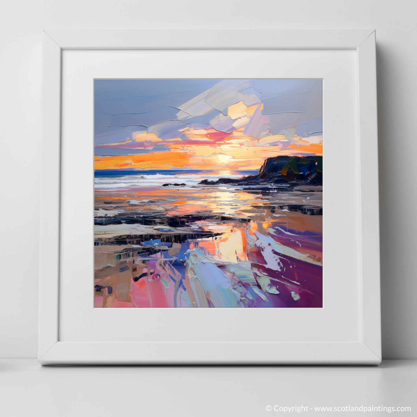 Painting and Art Print of St Cyrus Beach at sunset. Sunset Embrace at St Cyrus Beach.