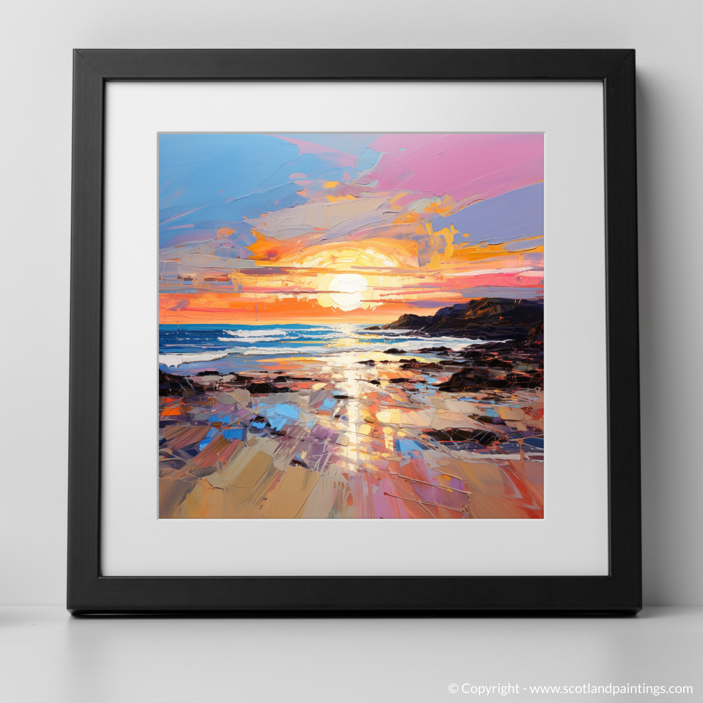 Painting and Art Print of St Cyrus Beach at sunset. Sunset Embrace at St Cyrus Beach.