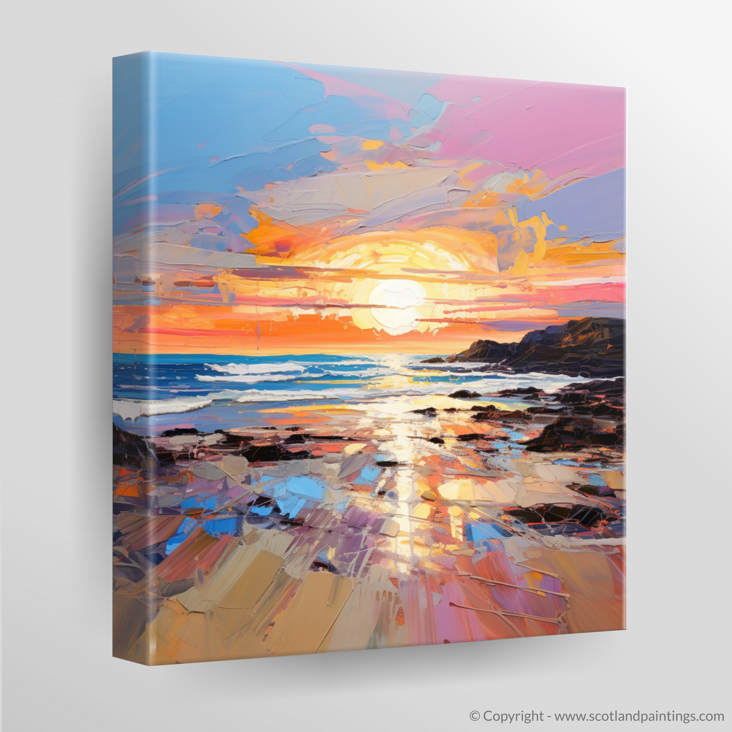 Painting and Art Print of St Cyrus Beach at sunset. Sunset Embrace at St Cyrus Beach.