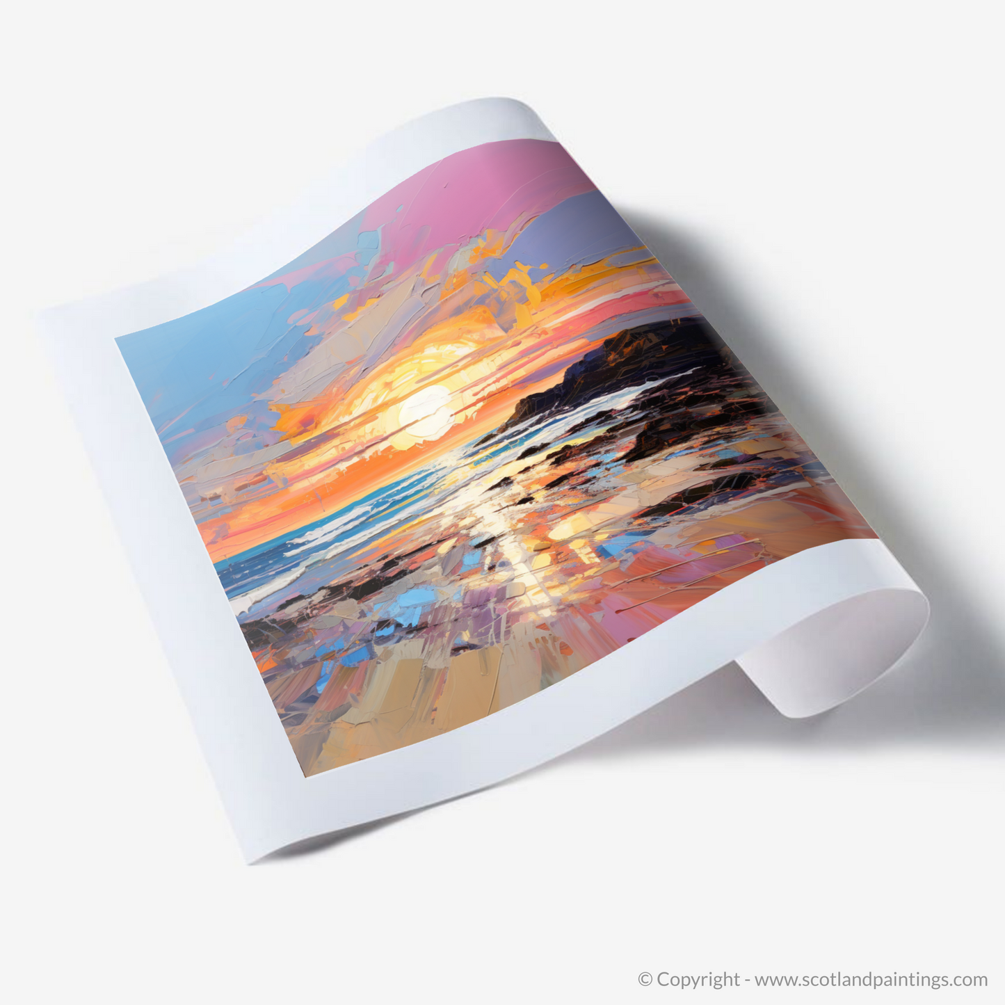 Painting and Art Print of St Cyrus Beach at sunset. Sunset Embrace at St Cyrus Beach.