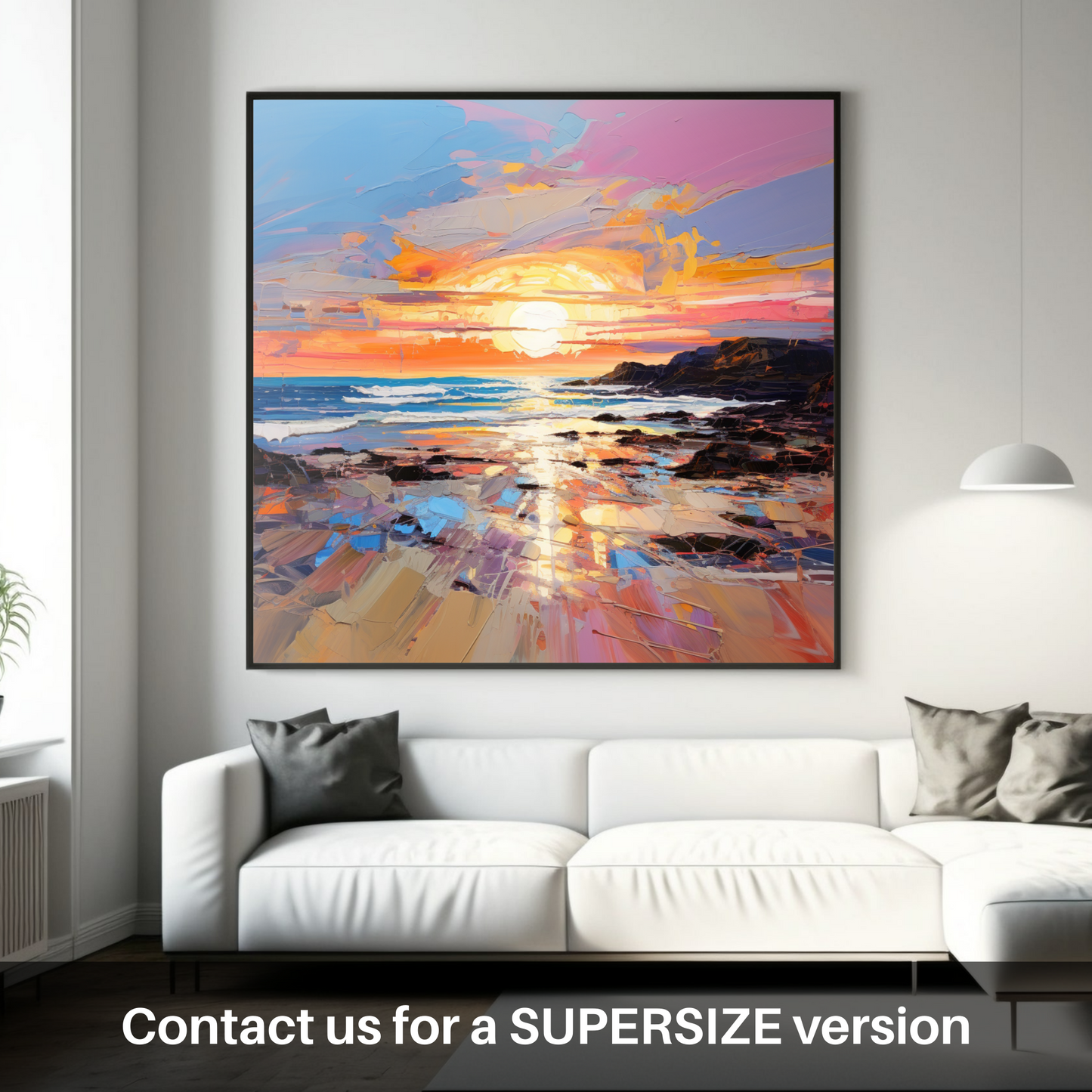 Painting and Art Print of St Cyrus Beach at sunset. Sunset Embrace at St Cyrus Beach.