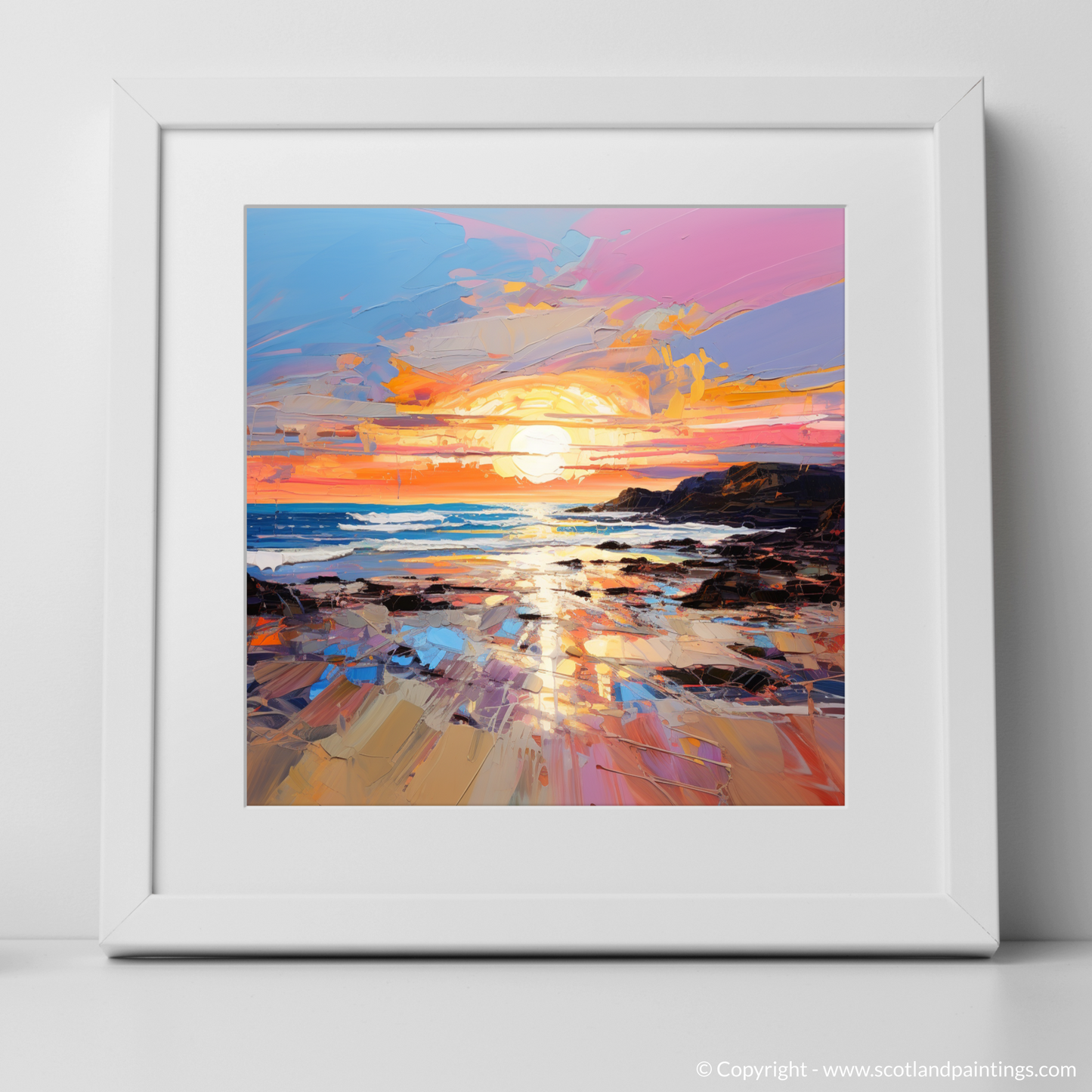 Painting and Art Print of St Cyrus Beach at sunset. Sunset Embrace at St Cyrus Beach.