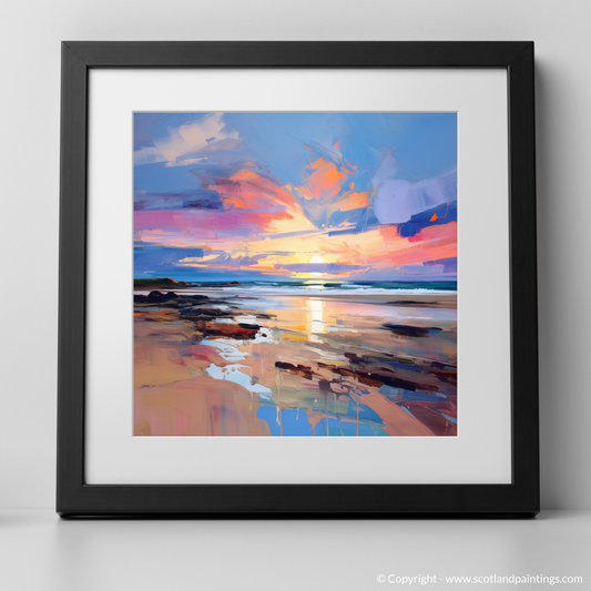 Art Print of St Cyrus Beach at sunset with a black frame