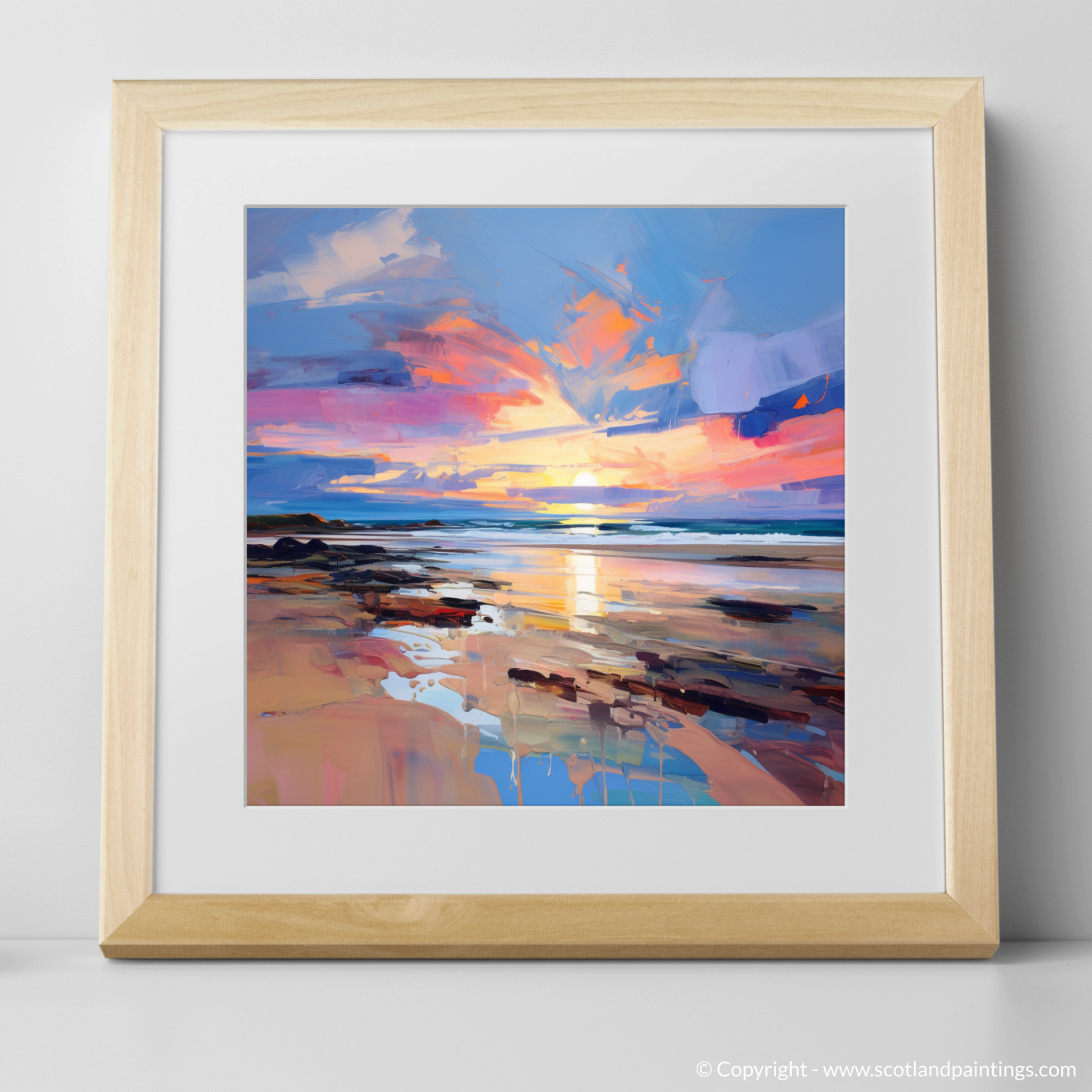 Art Print of St Cyrus Beach at sunset with a natural frame