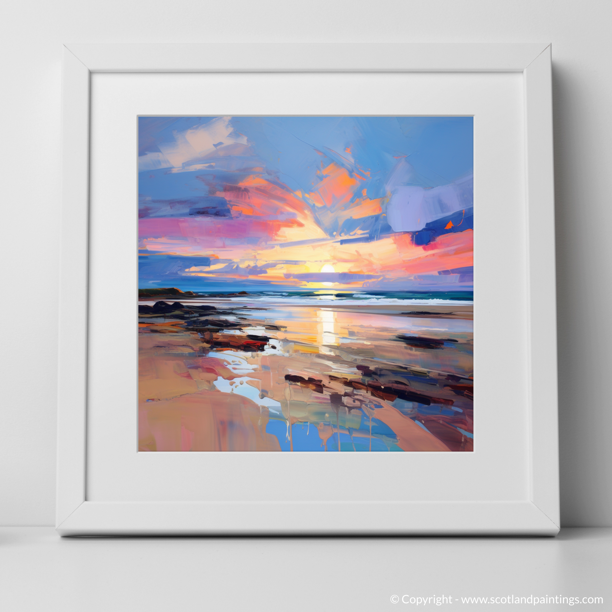 Art Print of St Cyrus Beach at sunset with a white frame