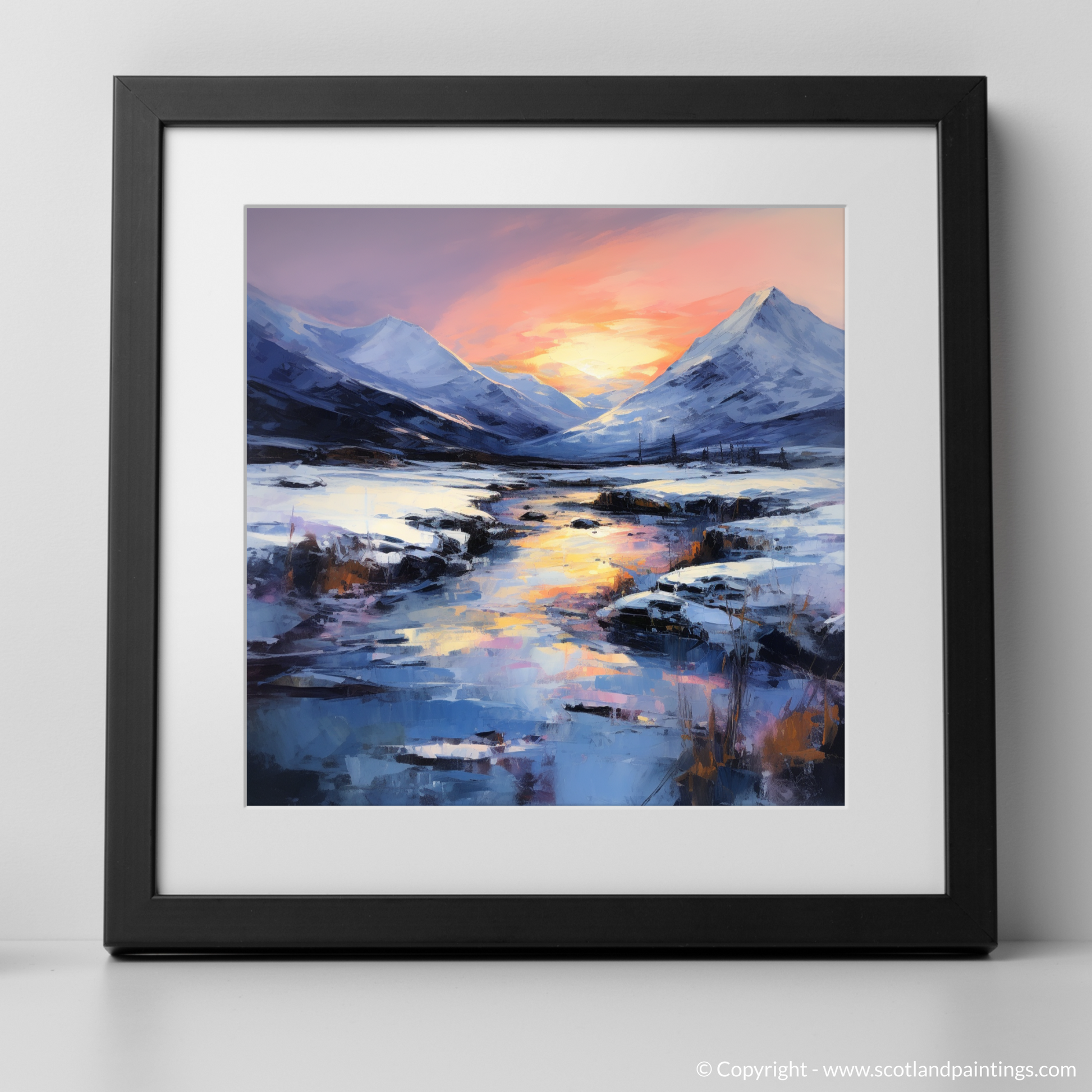 Art Print of Pristine snow at dusk in Glencoe with a black frame