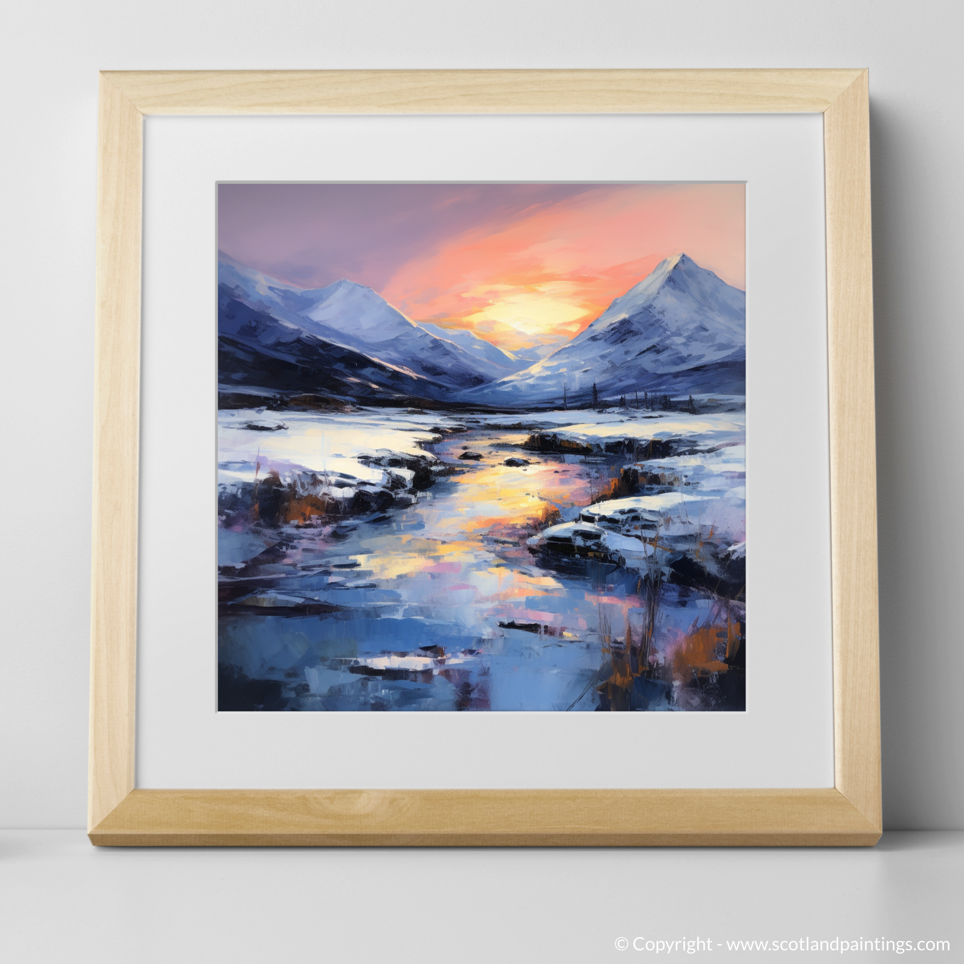 Art Print of Pristine snow at dusk in Glencoe with a natural frame