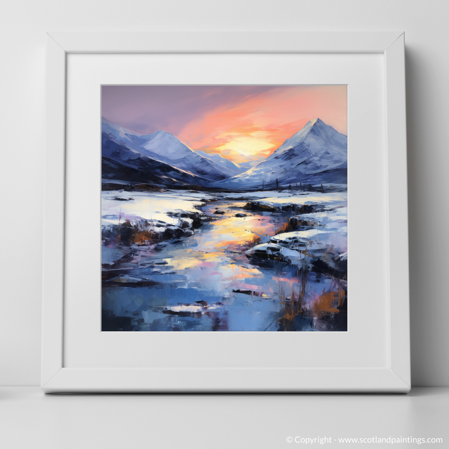 Art Print of Pristine snow at dusk in Glencoe with a white frame