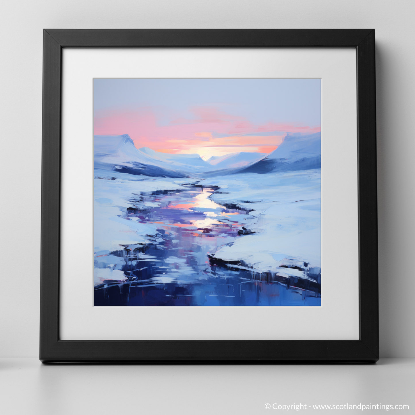 Art Print of Pristine snow at dusk in Glencoe with a black frame