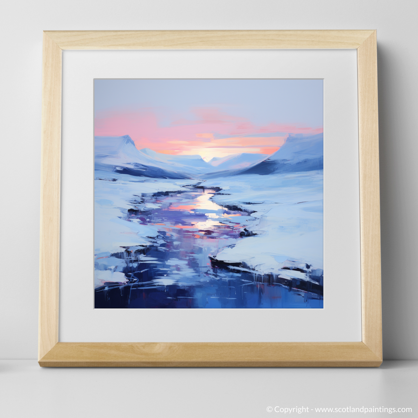 Art Print of Pristine snow at dusk in Glencoe with a natural frame