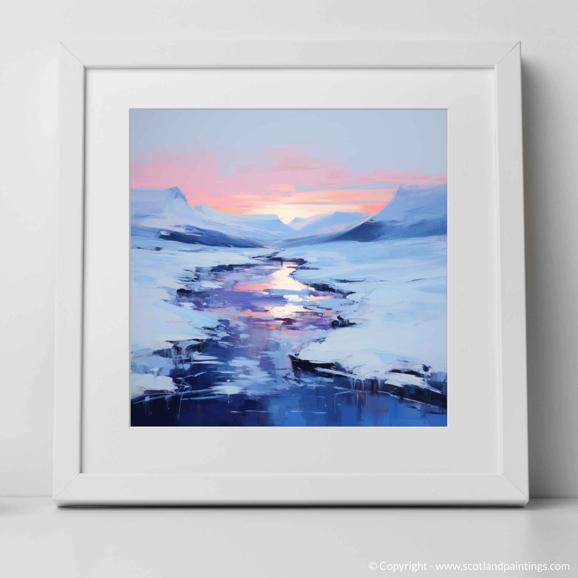 Art Print of Pristine snow at dusk in Glencoe with a white frame