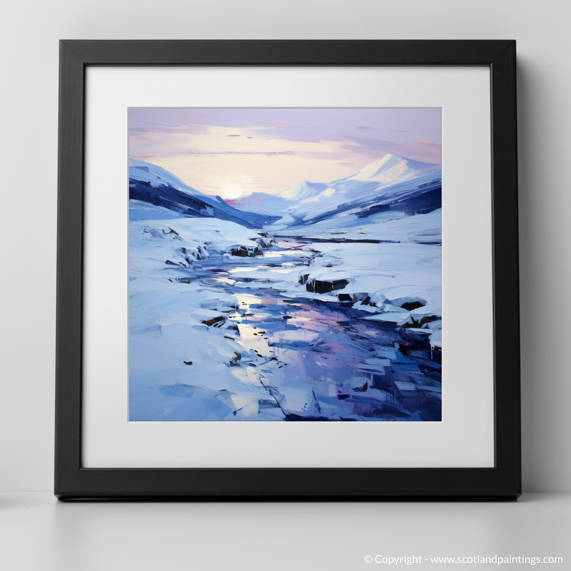 Art Print of Pristine snow at dusk in Glencoe with a black frame