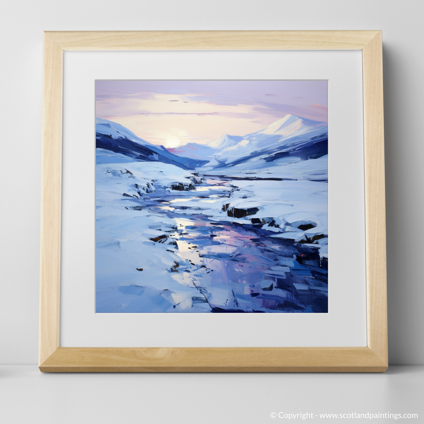 Art Print of Pristine snow at dusk in Glencoe with a natural frame