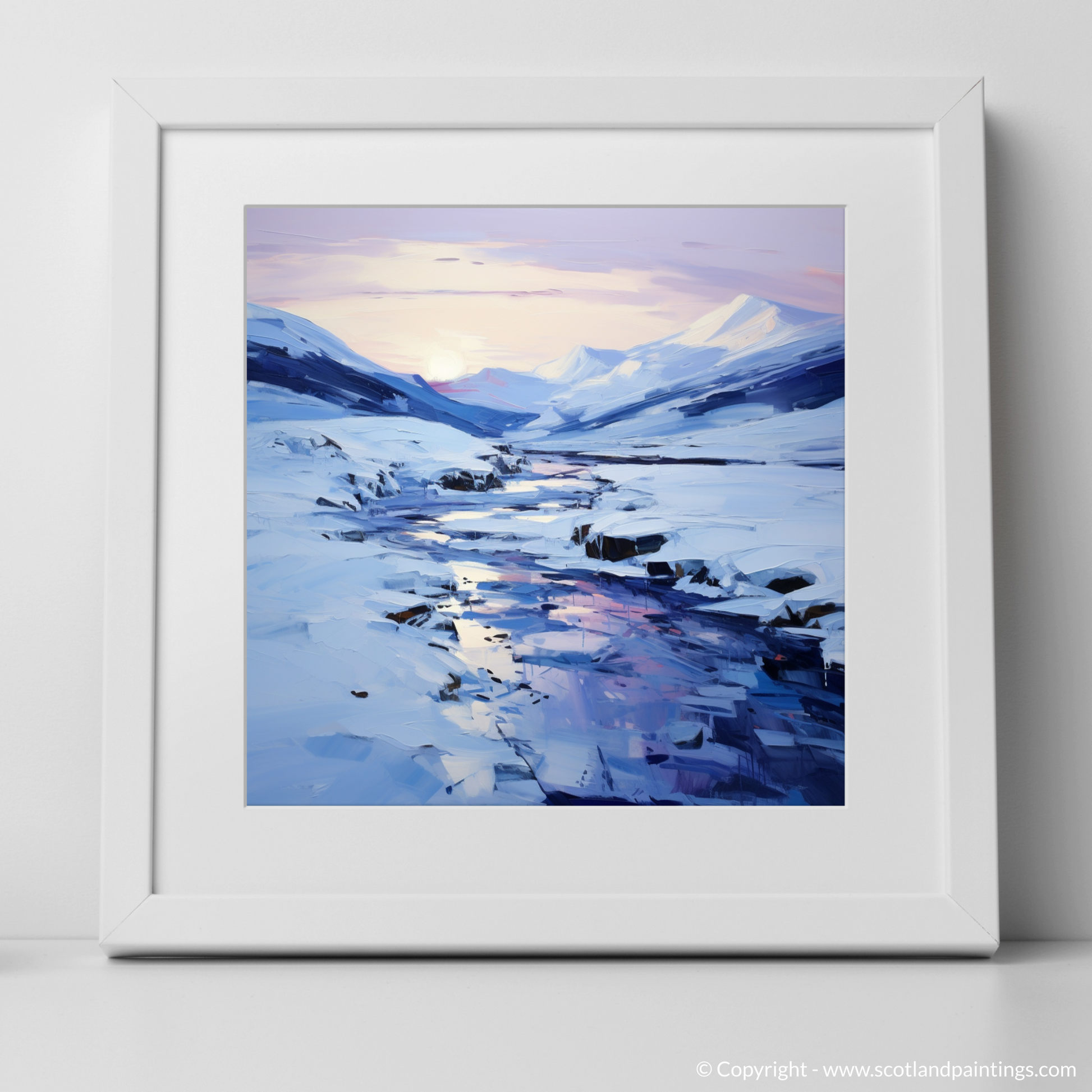 Art Print of Pristine snow at dusk in Glencoe with a white frame
